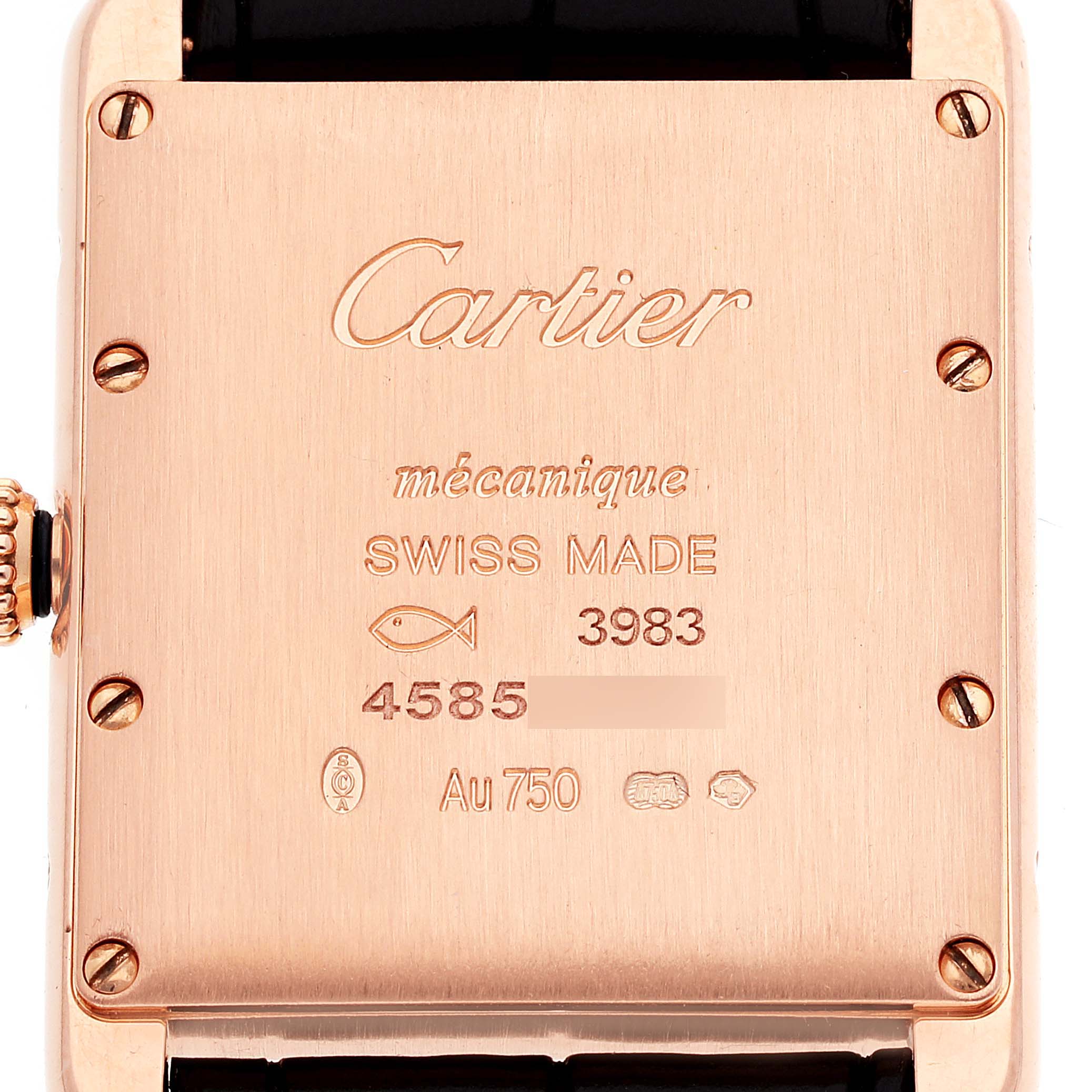 The image shows the back case of a Cartier Tank Louis WGTA0011 Men's Rose Gold Silver Dial WGTA0011 Men's Rose Gold Silver Dial watch, highlighting engravings and markings.