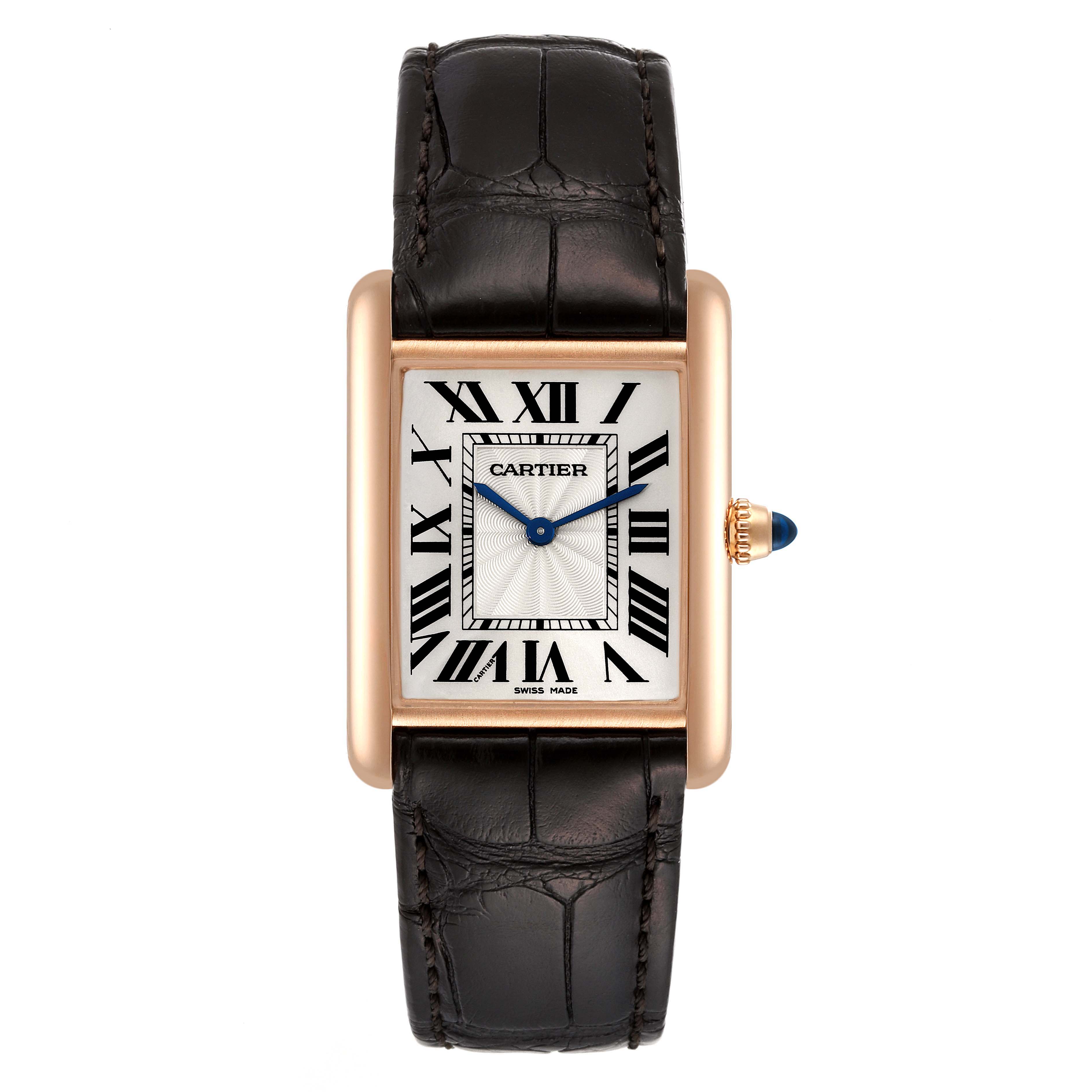 The image shows a front view of the Cartier Tank Louis WGTA0011 Men's Rose Gold Silver Dial WGTA0011 Men's Rose Gold Silver Dial watch, highlighting its dial, case, strap, and crown.