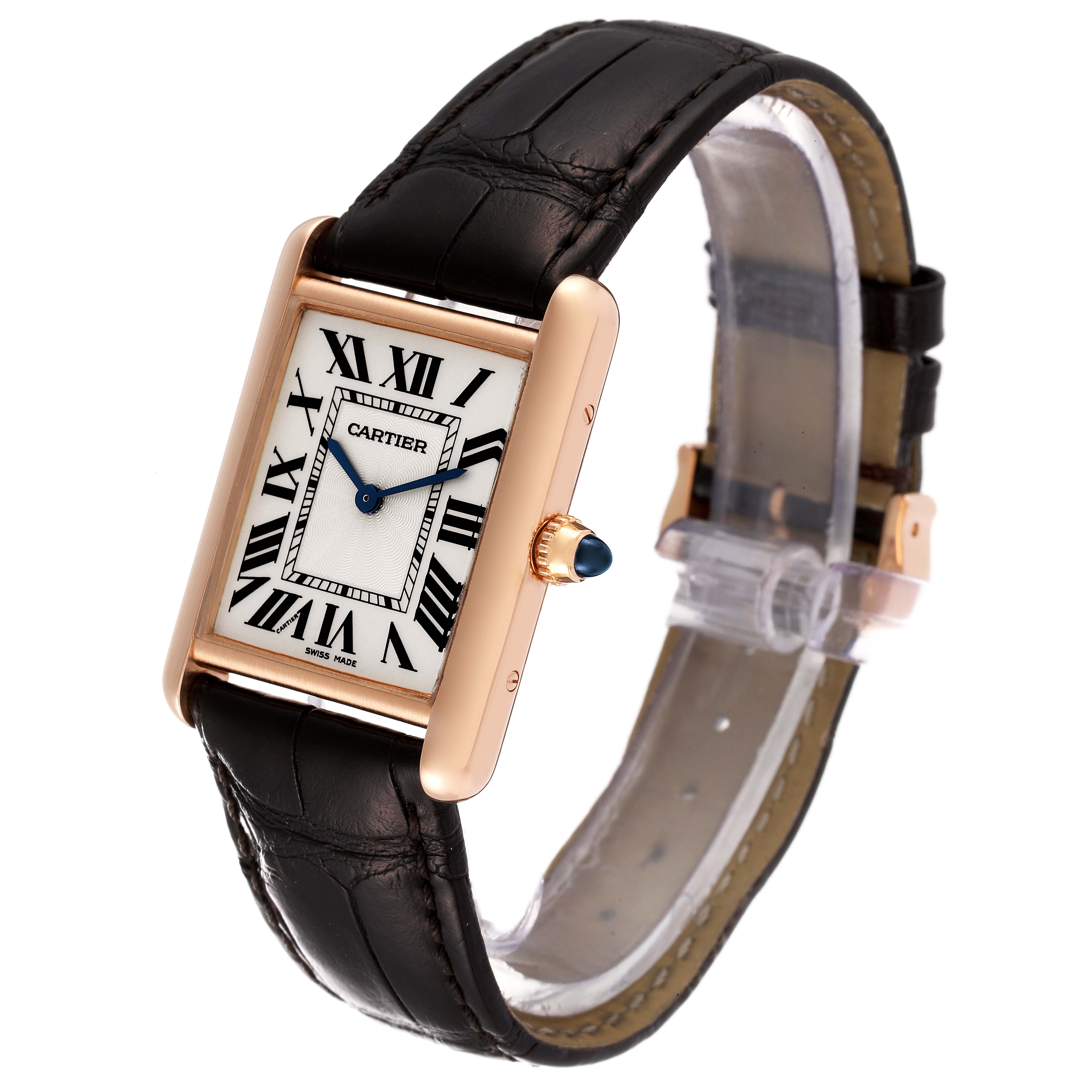 The image shows a Cartier Tank Louis WGTA0011 Men's Rose Gold Silver Dial WGTA0011 Men's Rose Gold Silver Dial watch at a slight angle, displaying the face, bezel, crown, and strap.