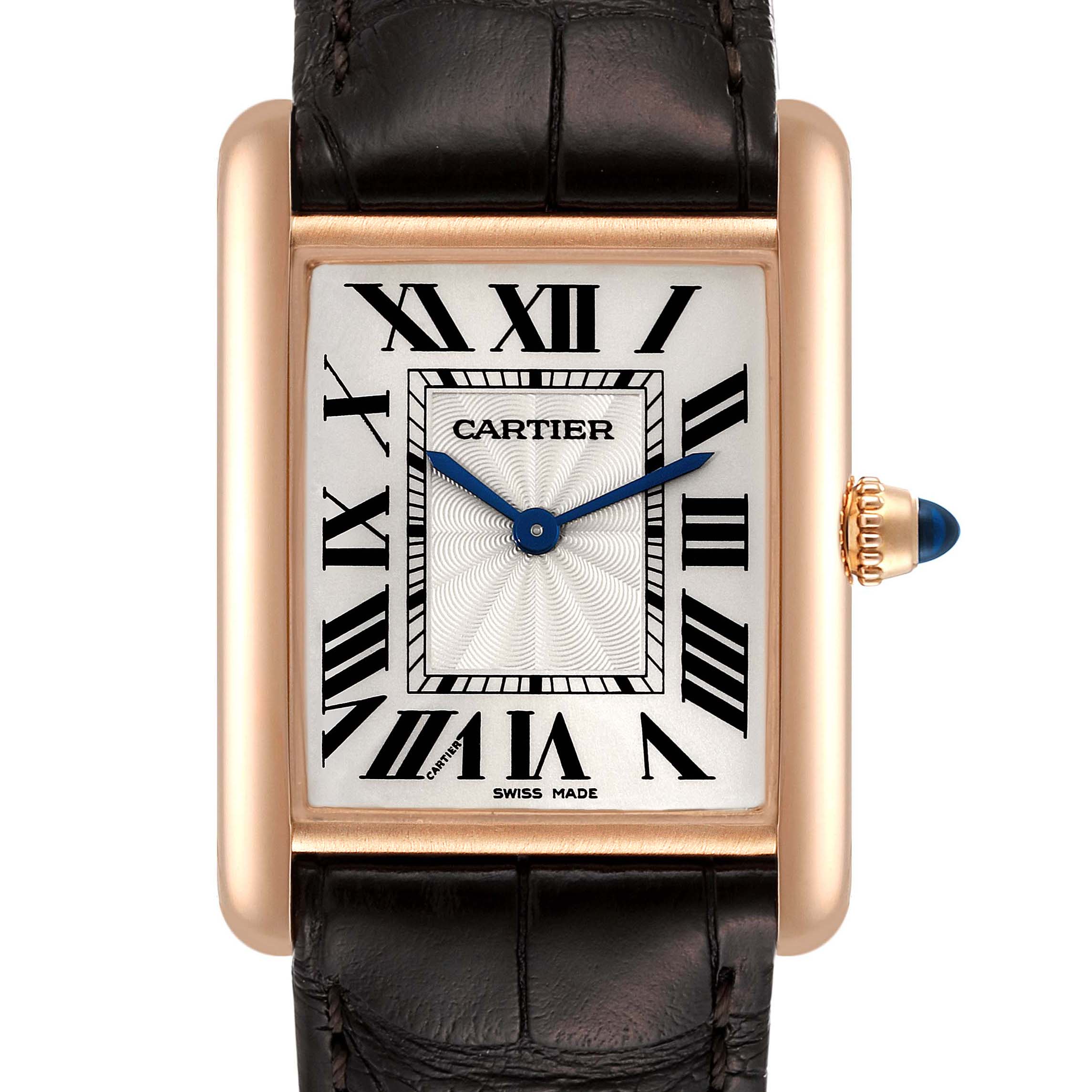 This image shows a close-up front view of the Cartier Tank Louis WGTA0011 Men's Rose Gold Silver Dial WGTA0011 Men's Rose Gold Silver Dial watch, displaying its dial, case, crown, and part of the strap.