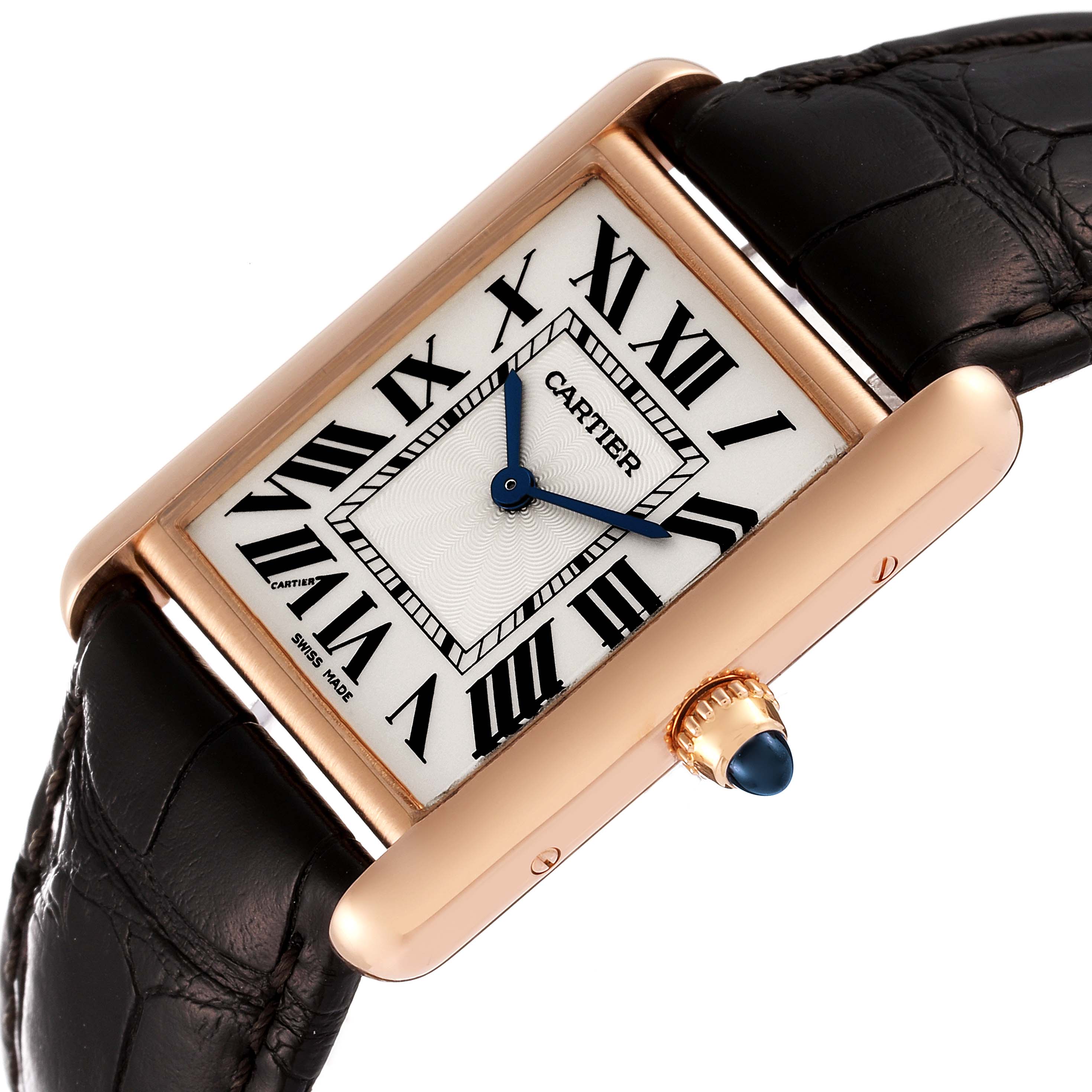 This image shows the face and crown of the Cartier Tank Louis WGTA0011 Men's Rose Gold Silver Dial WGTA0011 Men's Rose Gold Silver Dial watch at an angled top view.