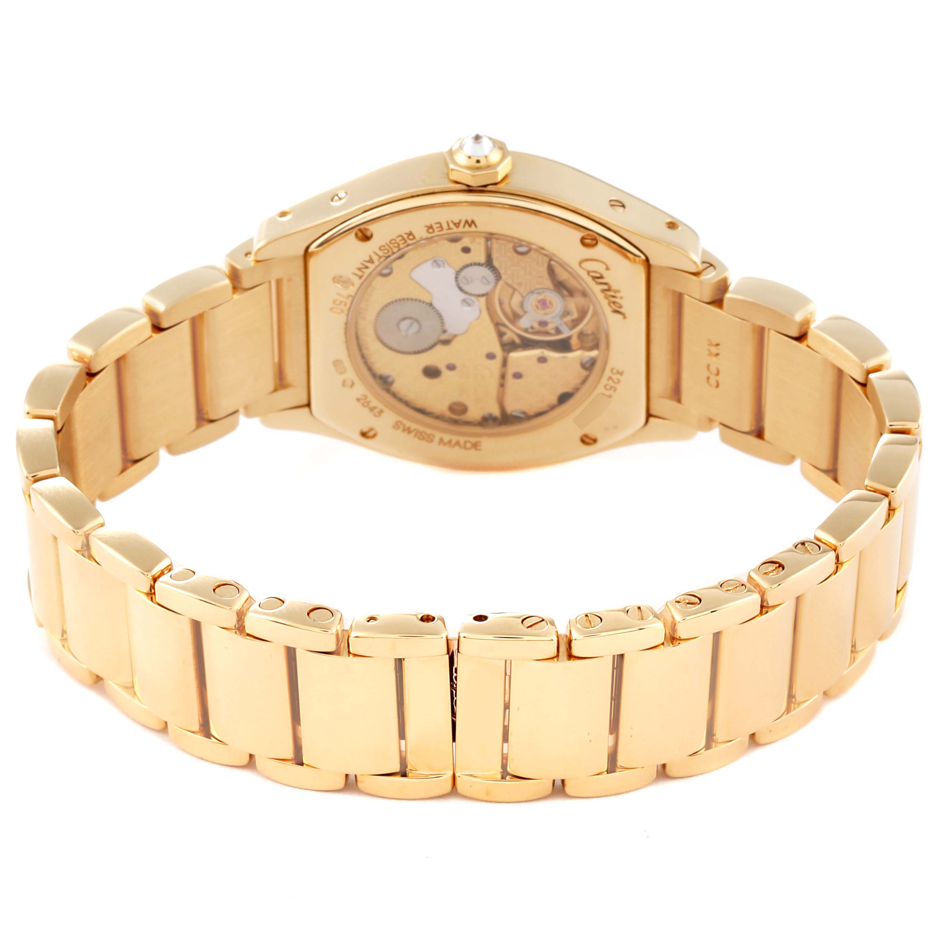 The image shows the back and bracelet of the Cartier Tortue WA5071W8 Women's Yellow Gold Silver Dial WA5071W8 Women's Yellow Gold Silver Dial watch, highlighting its internal mechanism.