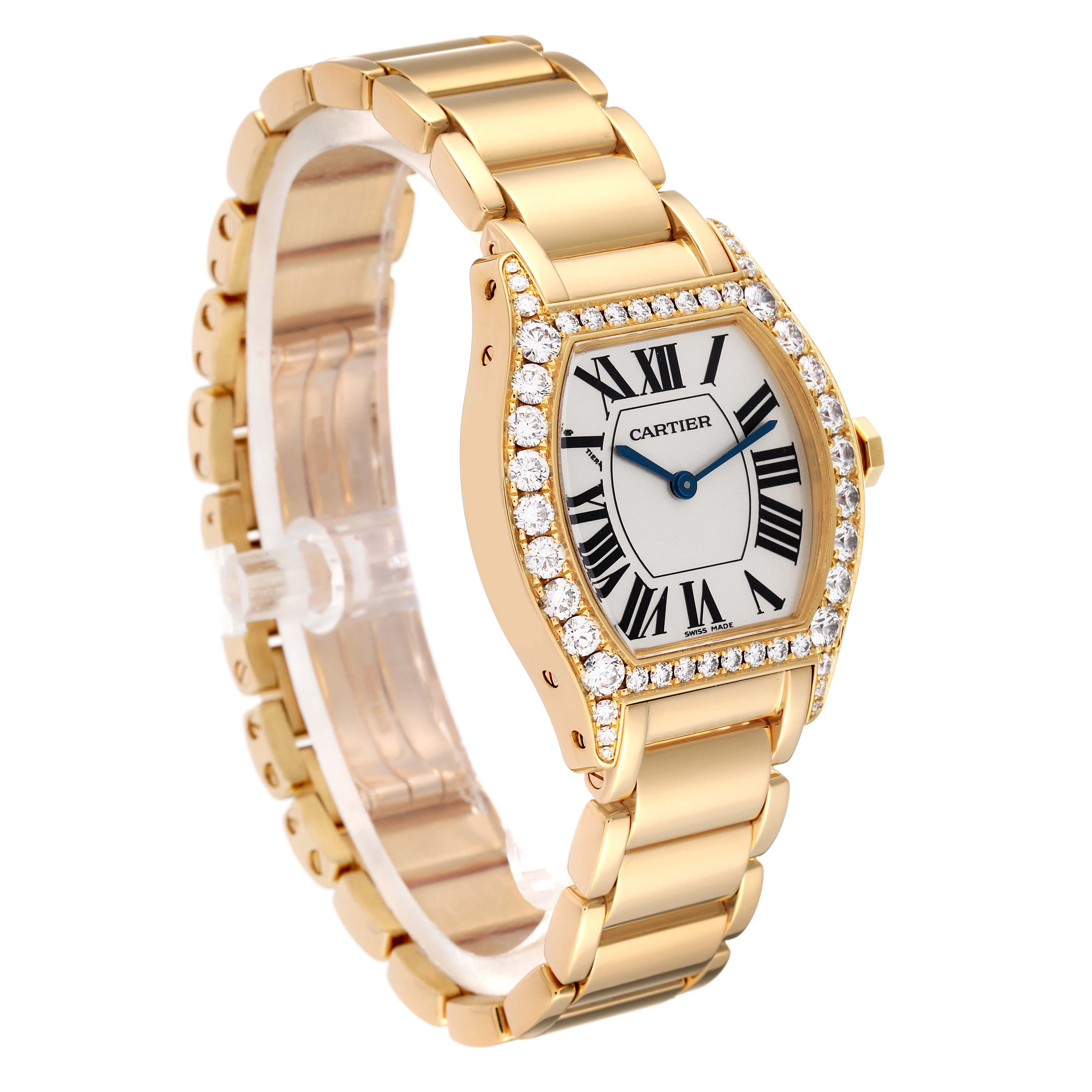The image shows a Cartier Tortue WA5071W8 Women's Yellow Gold Silver Dial WA5071W8 Women's Yellow Gold Silver Dial watch from an oblique front angle, highlighting its face, bezel, and bracelet.