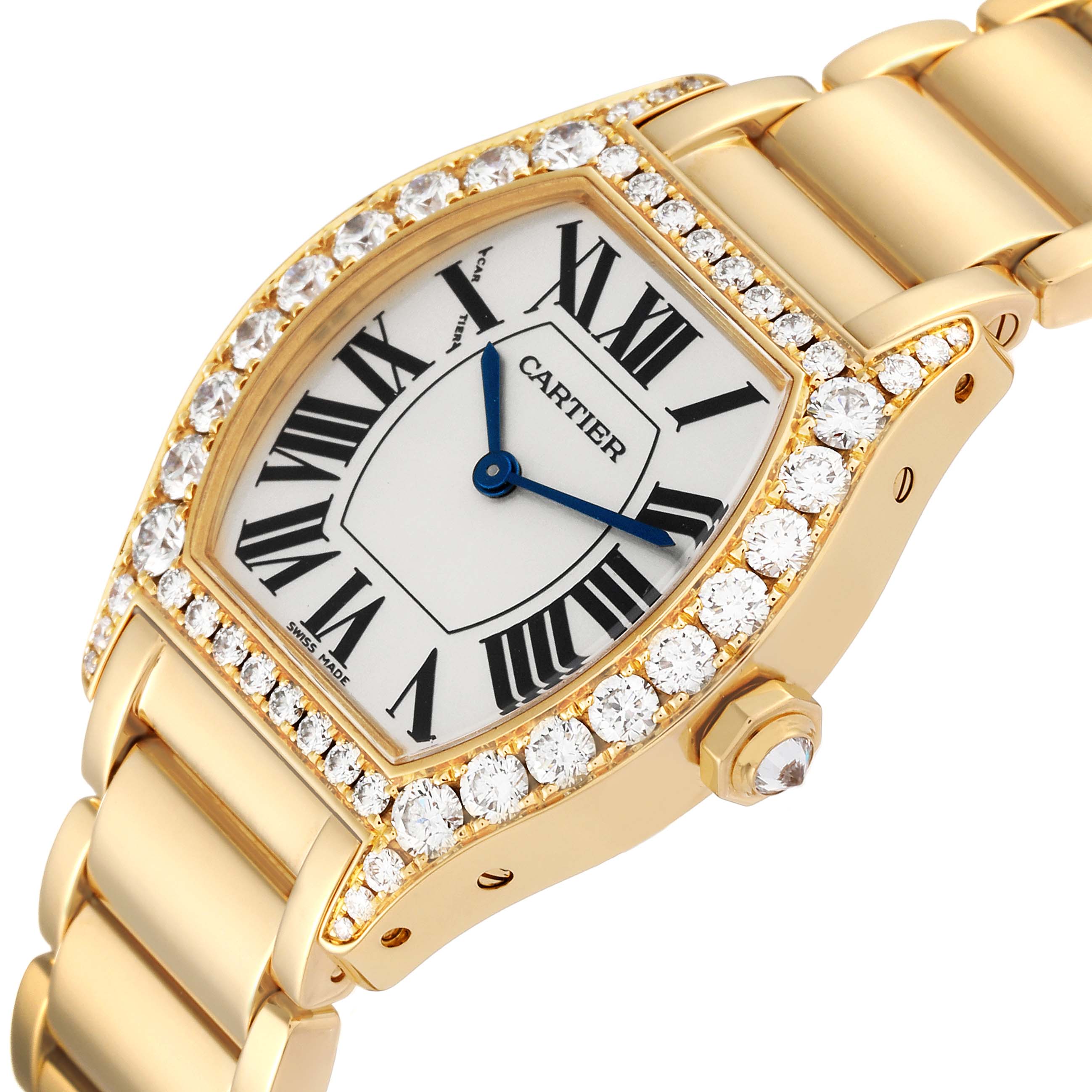 The image shows a close-up angle of a Cartier Tortue WA5071W8 Women's Yellow Gold Silver Dial WA5071W8 Women's Yellow Gold Silver Dial watch, highlighting its diamond-encrusted case and gold bracelet.