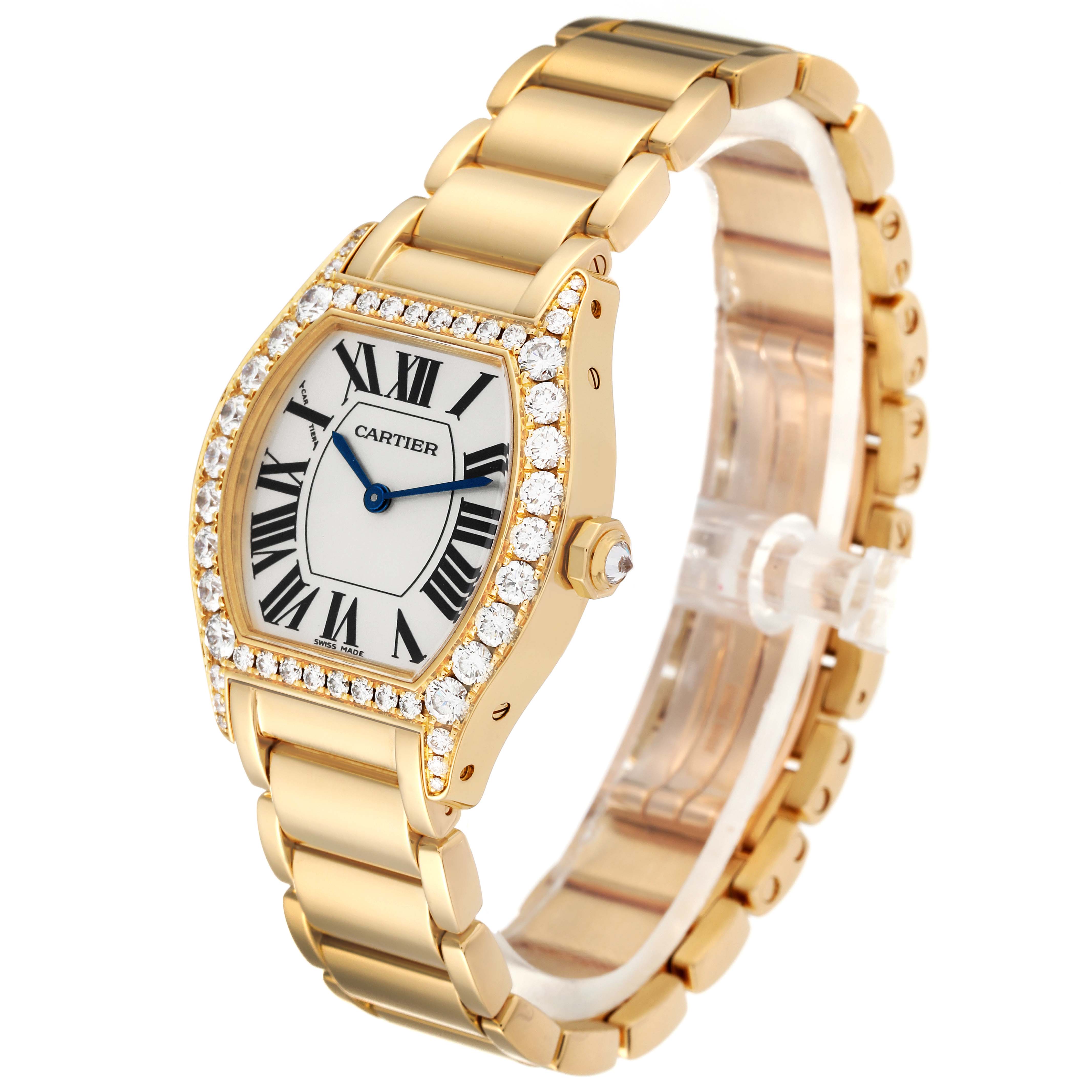 This Cartier Tortue WA5071W8 Women's Yellow Gold Silver Dial WA5071W8 Women's Yellow Gold Silver Dial model watch is shown at a three-quarter angle, displaying its face, bezel, and bracelet band.