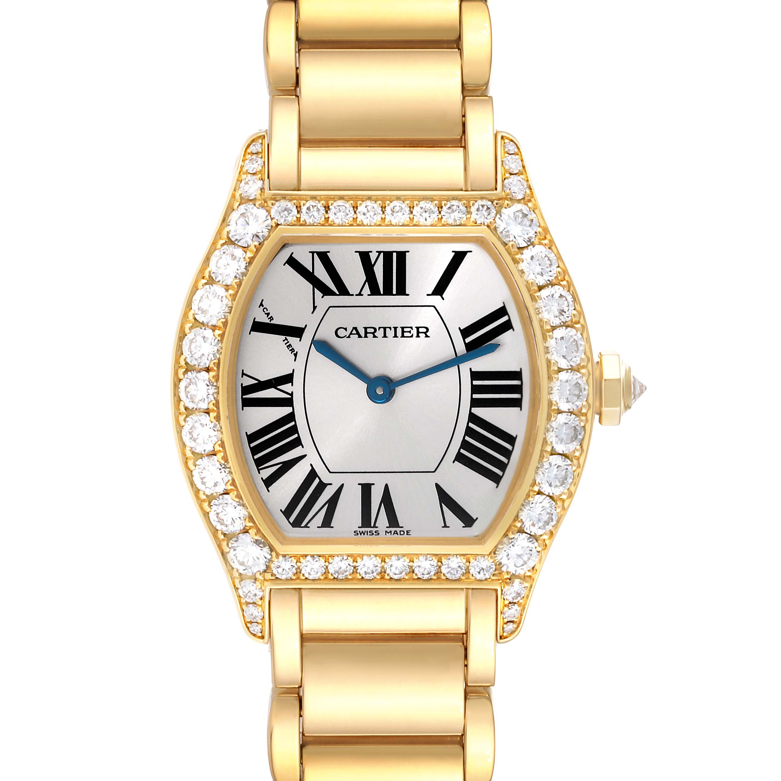 The image shows a front view of the Cartier Tortue WA5071W8 Women's Yellow Gold Silver Dial WA5071W8 Women's Yellow Gold Silver Dial watch, highlighting its dial, gold bracelet, and diamond-encrusted bezel.