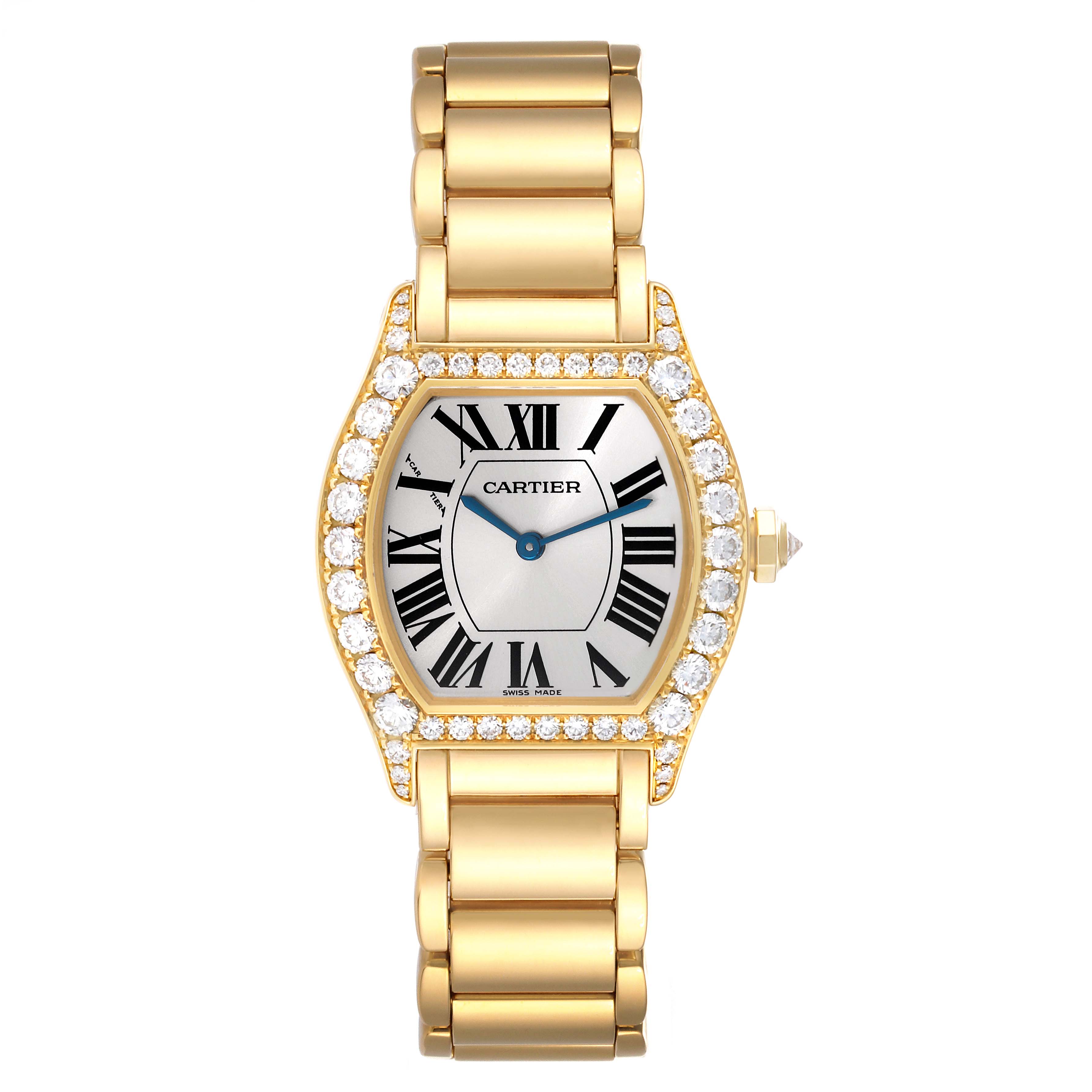 The image shows a Cartier Tortue WA5071W8 Women's Yellow Gold Silver Dial WA5071W8 Women's Yellow Gold Silver Dial watch with a gold band and diamond-encrusted bezel, viewed from the front.