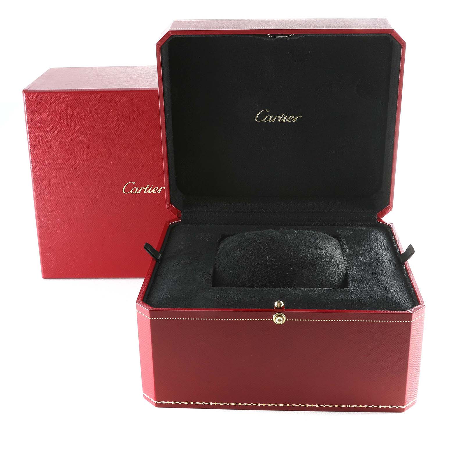 The image shows an open red Cartier watch box for the Tortue model, displaying the interior where the watch is placed.