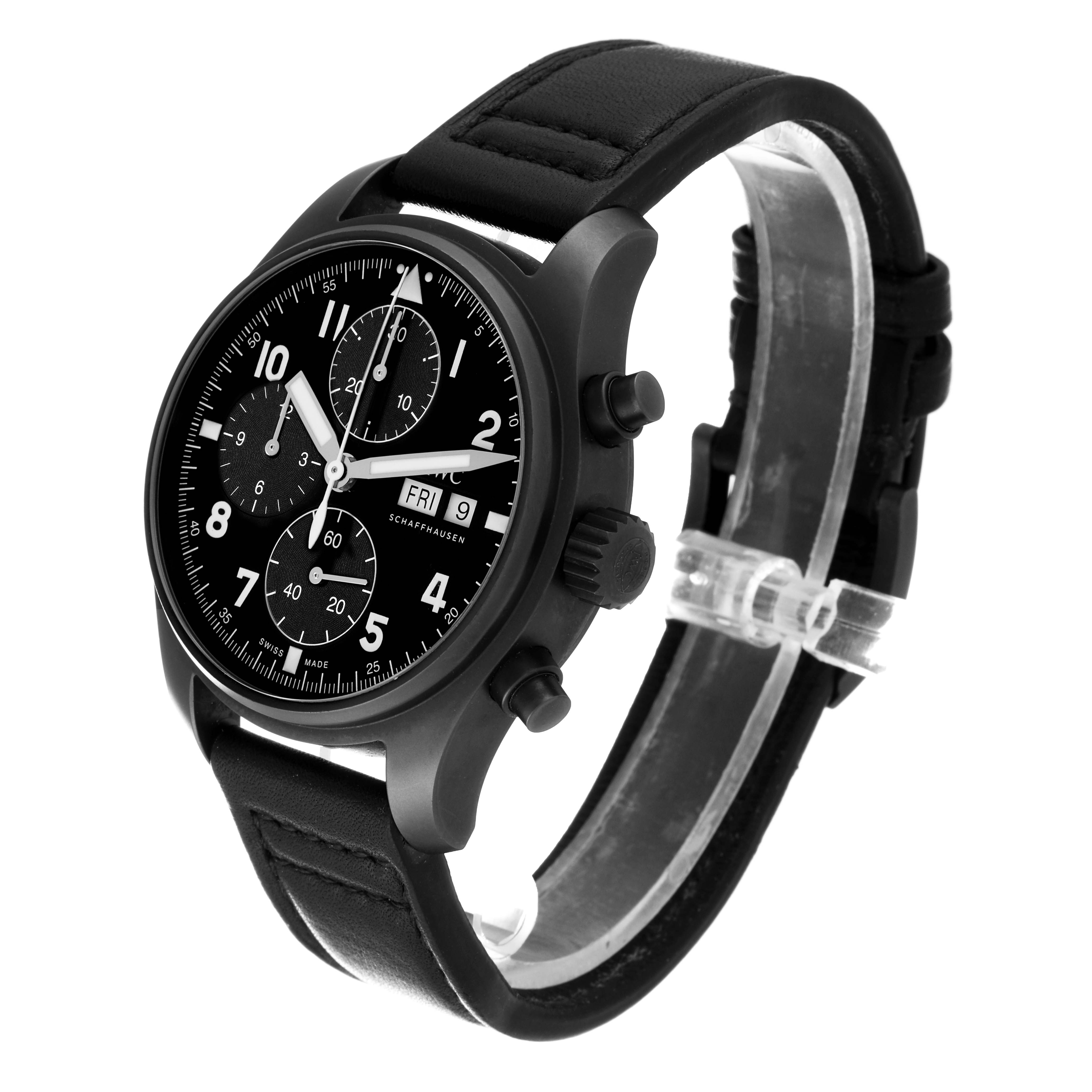 The IWC Pilot IW387905 Men's Titanium Black Dial IW387905 Men's Titanium Black Dial model watch is shown at a three-quarter angle, displaying the face, strap, and side buttons.