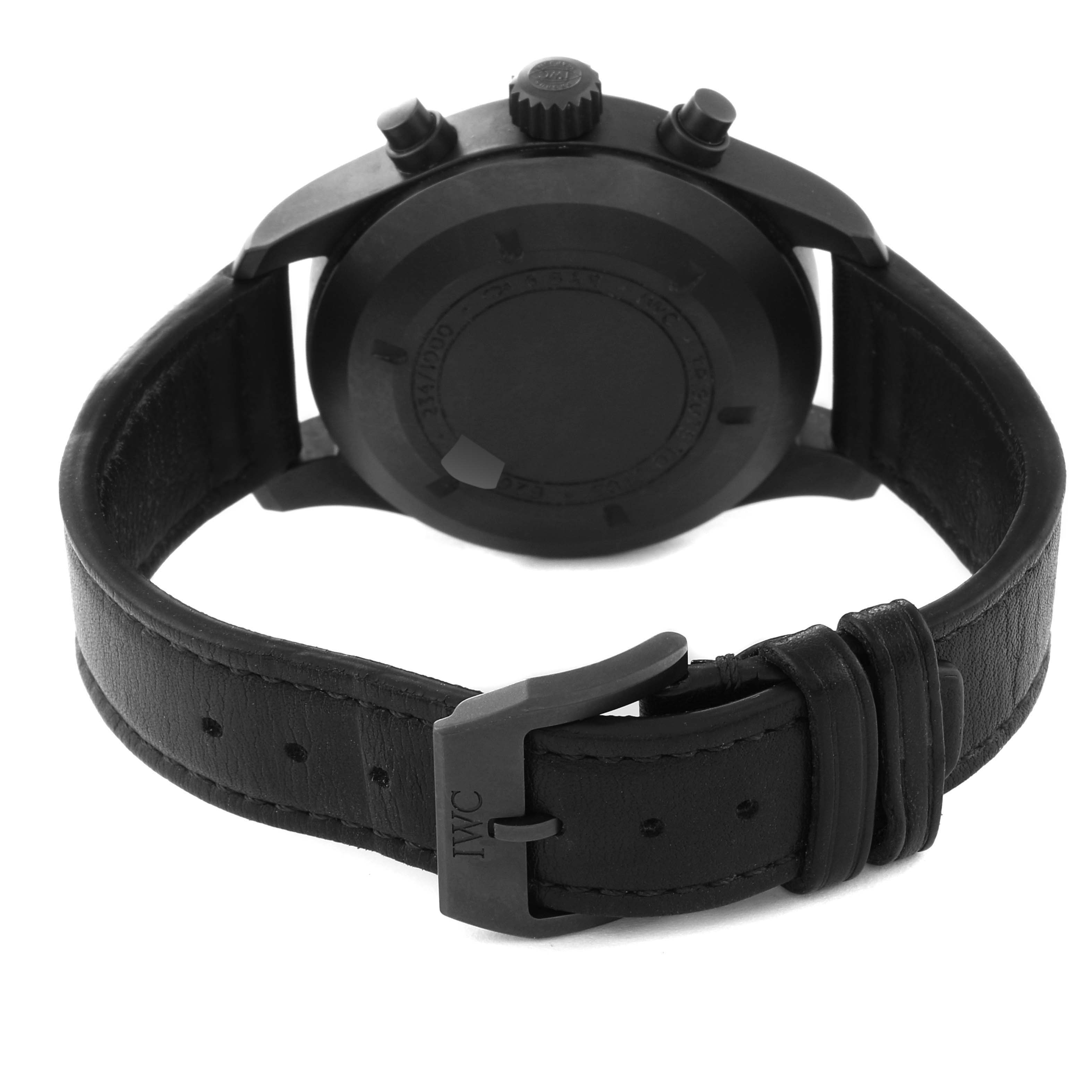 This image shows the back case, crown, and leather strap with buckle of the IWC Pilot IW387905 Men's Titanium Black Dial IW387905 Men's Titanium Black Dial model watch.