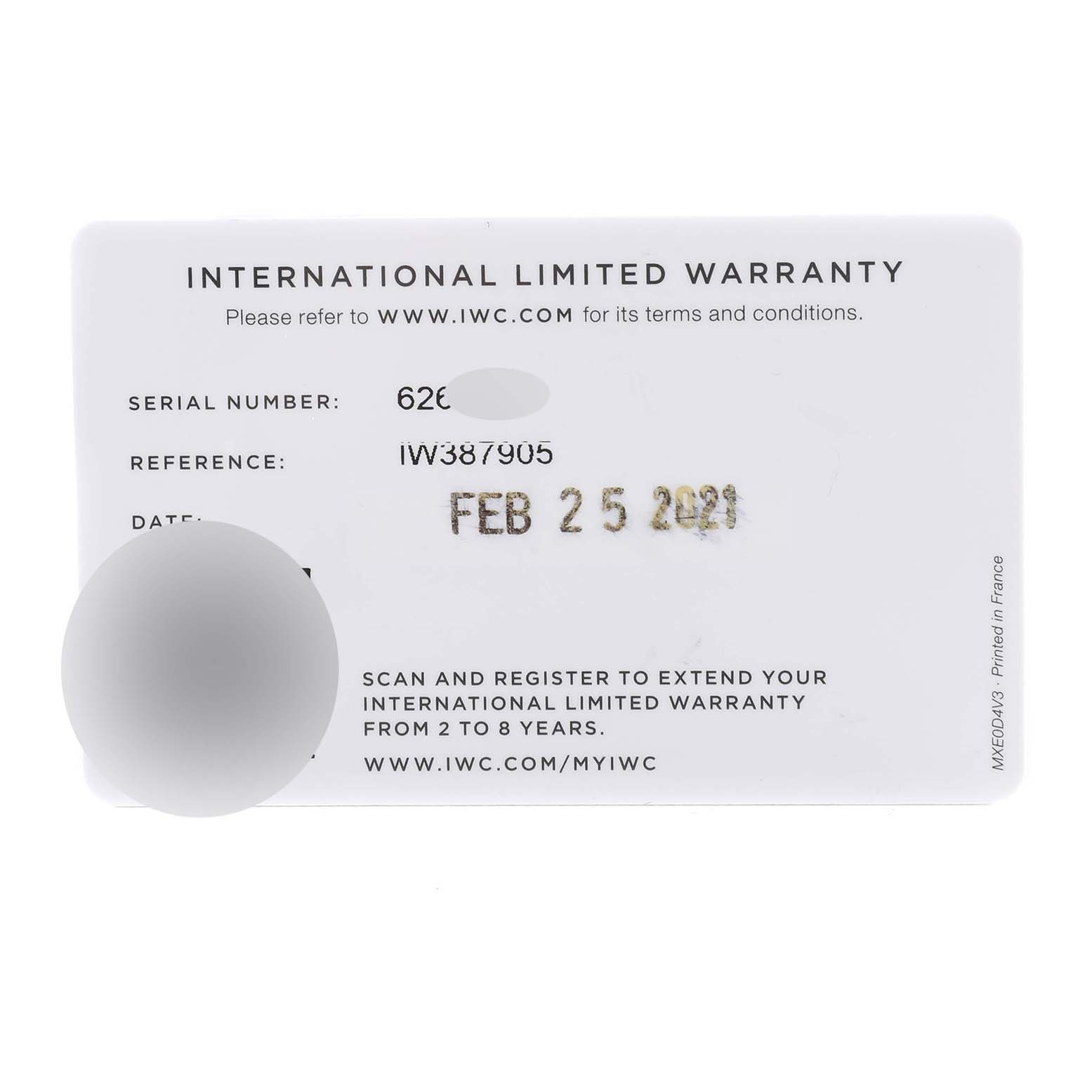 This is the international limited warranty card for an IWC Pilot IW387905 Men's Titanium Black Dial IW387905 Men's Titanium Black Dial model watch.
