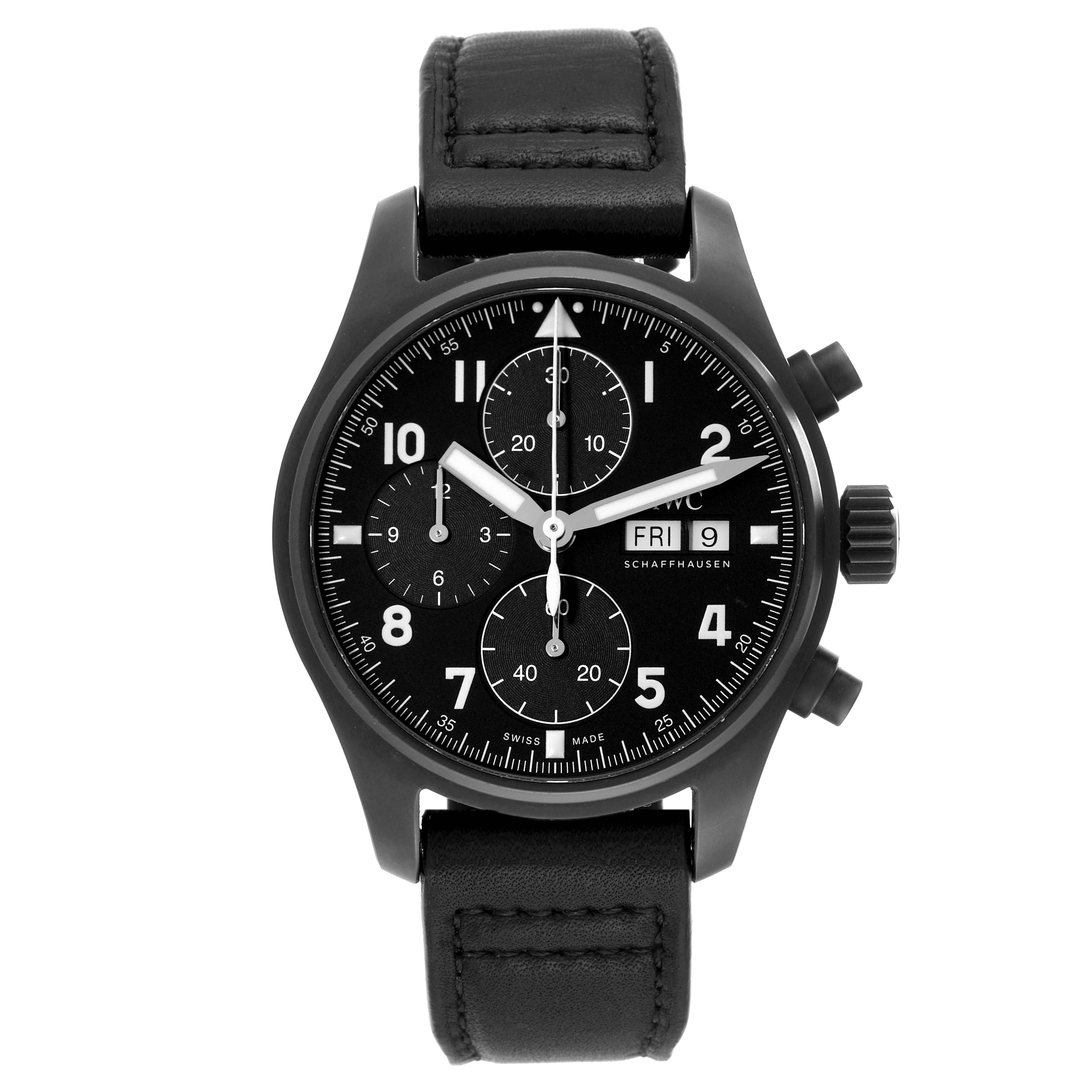 The image shows the front view of the IWC Pilot IW387905 Men's Titanium Black Dial IW387905 Men's Titanium Black Dial model, with visible watch face, crown, chronograph subdials, and leather strap.