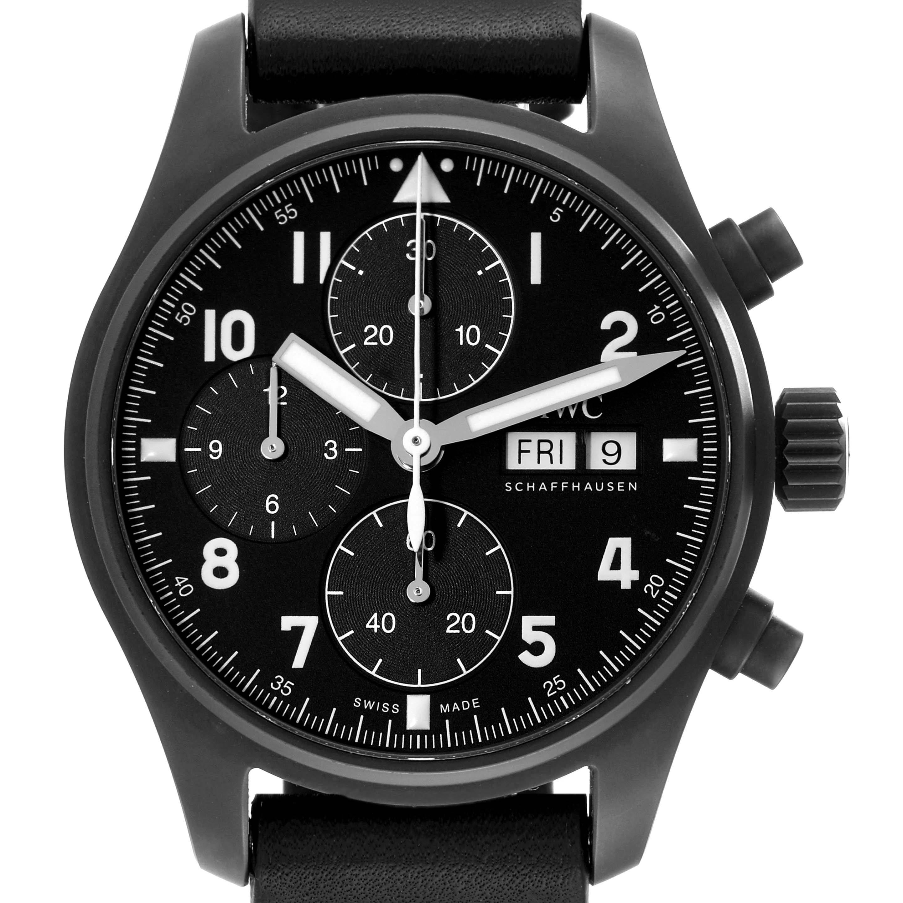 The image shows a front view of the IWC Pilot IW387905 Men's Titanium Black Dial IW387905 Men's Titanium Black Dial watch model, displaying the dial, hands, subdials, date, and time markers.