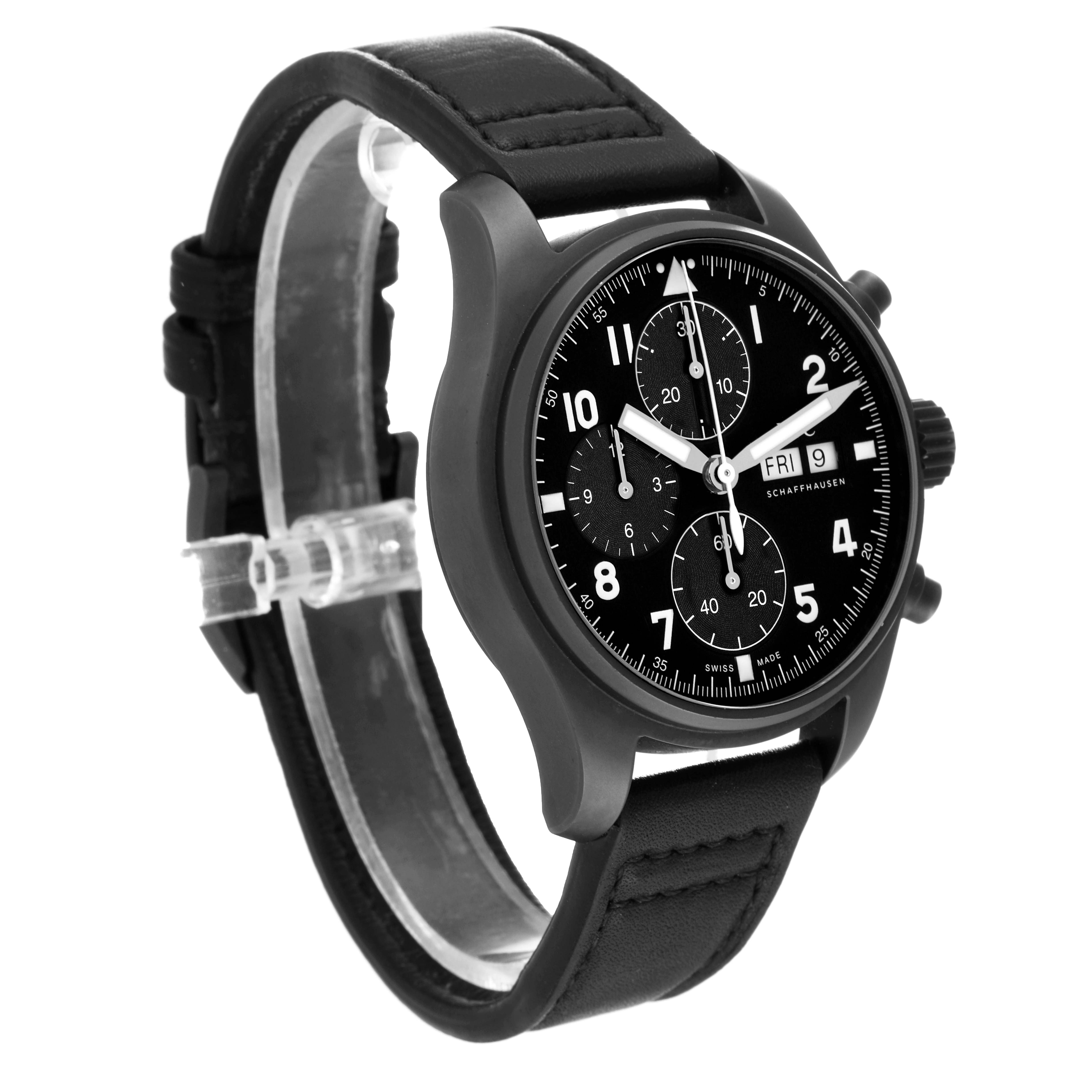 The image shows a side-angle view of the IWC Pilot IW387905 Men's Titanium Black Dial IW387905 Men's Titanium Black Dial model watch, highlighting its black dial, strap, and chronograph features.