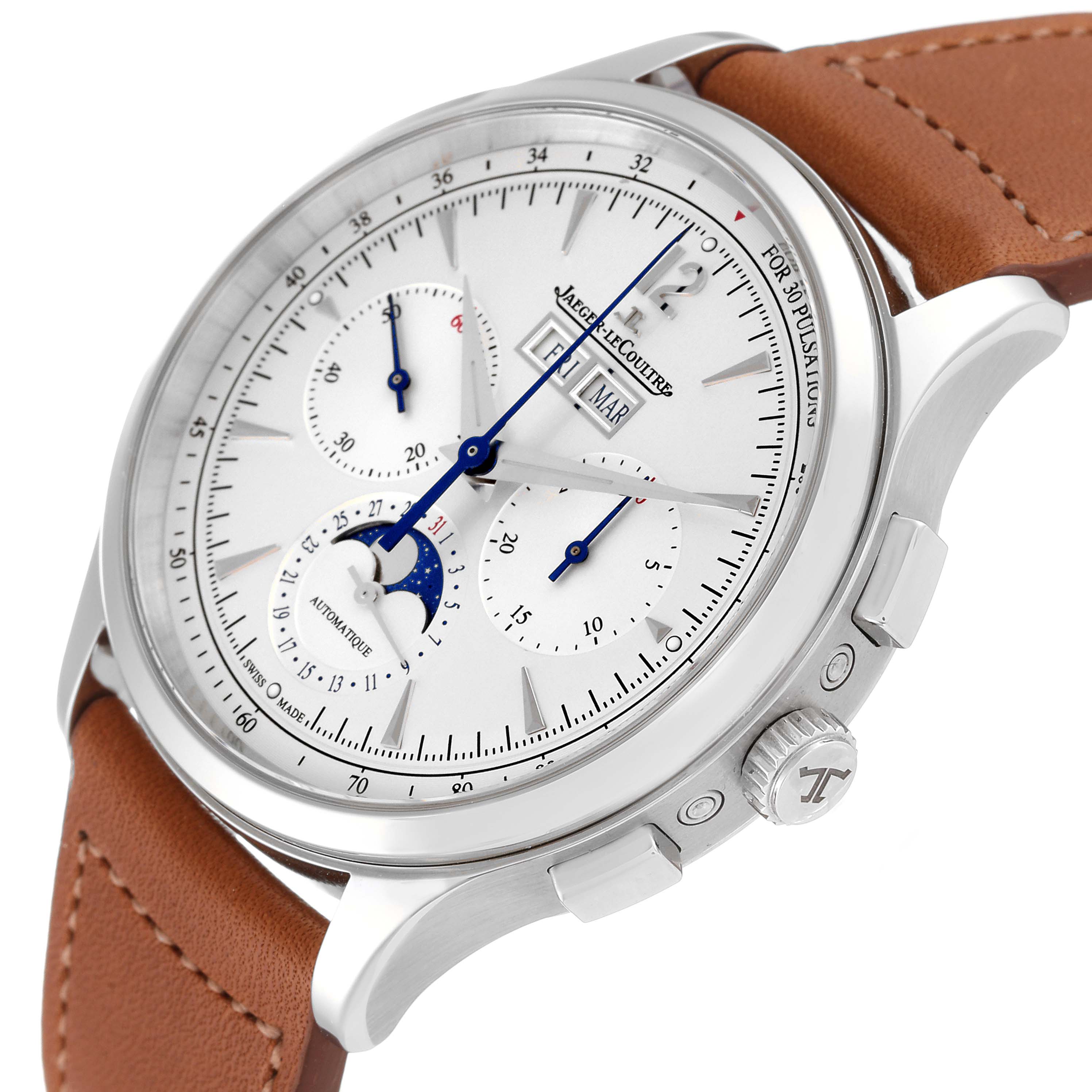 This image shows a side angle of the Jaeger-LeCoultre Master model watch, highlighting its face, subdials, crown, and brown leather strap.