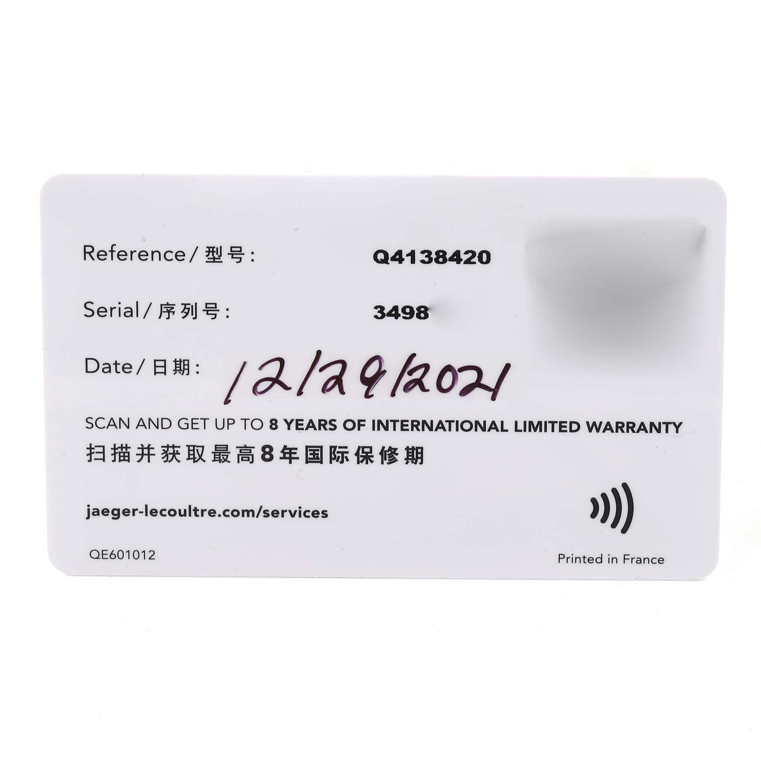 The image shows a warranty card for the Jaeger LeCoultre Master Q4138420 Men's Stainless Steel Silver Dial Q4138420 Men's Stainless Steel Silver Dial model, displaying reference, serial numbers, and a handwritten date.