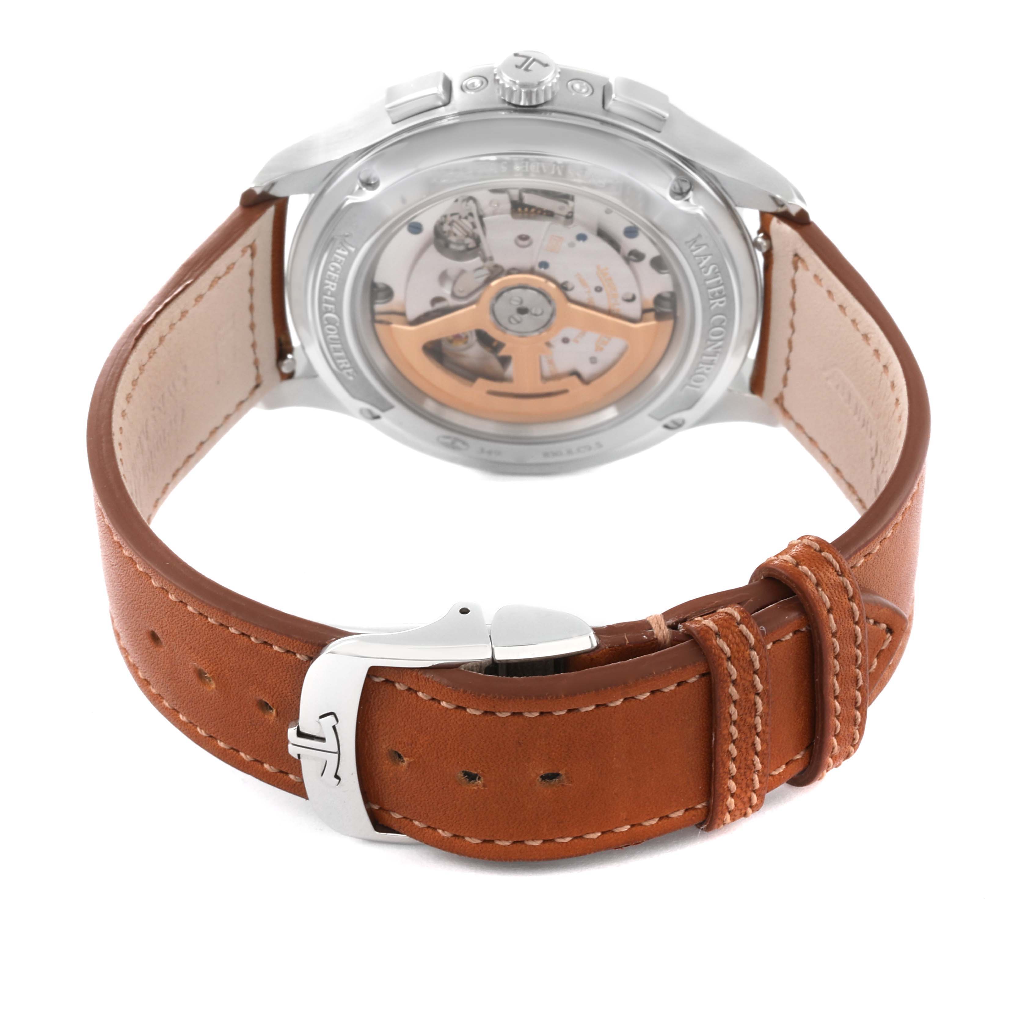 The image shows the back view of a Jaeger-LeCoultre Master model watch, including the leather strap and visible movement through the case back.