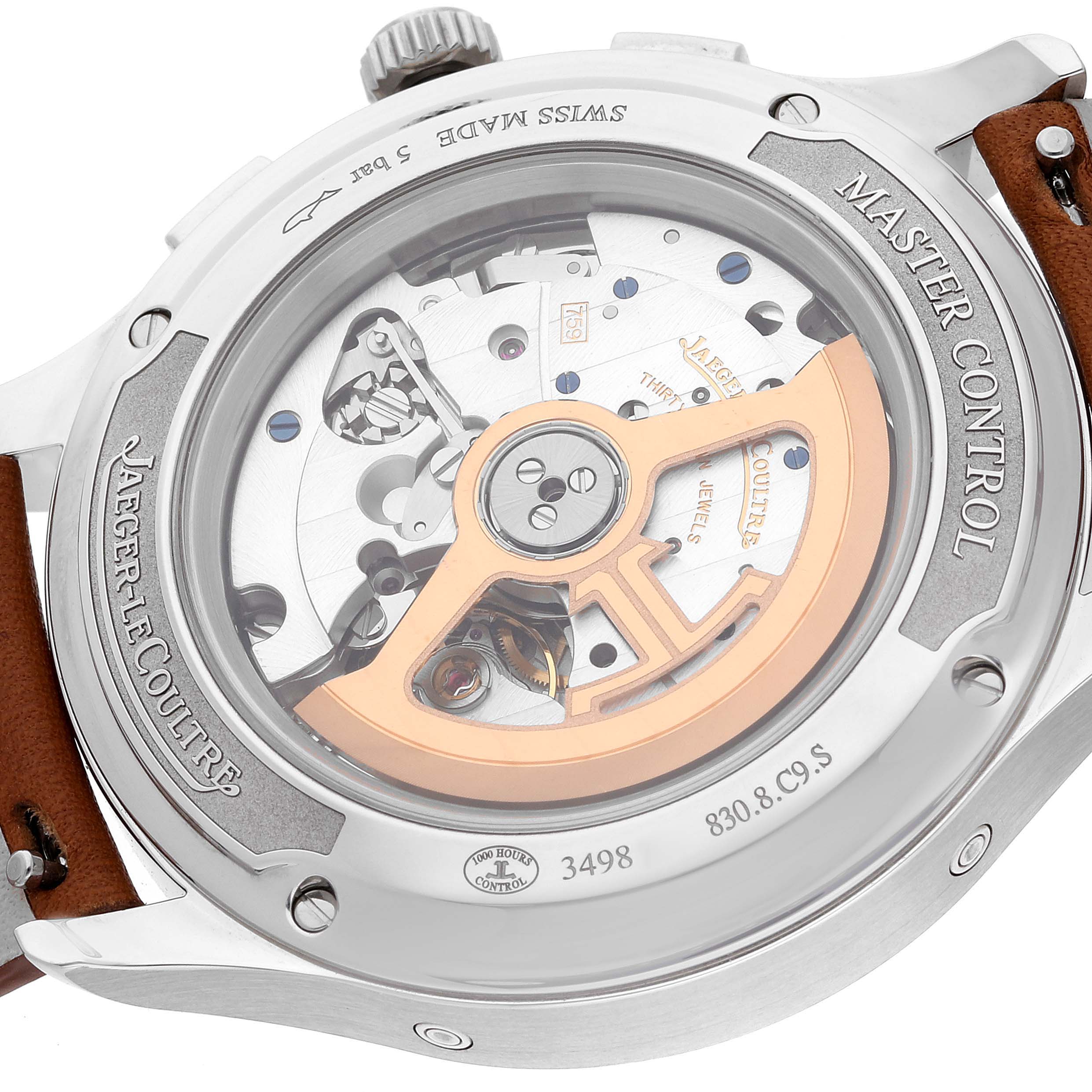 The image shows the back view of the Jaeger LeCoultre Master Q4138420 Men's Stainless Steel Silver Dial Q4138420 Men's Stainless Steel Silver Dial Control watch, highlighting its exposed movement and mechanics.