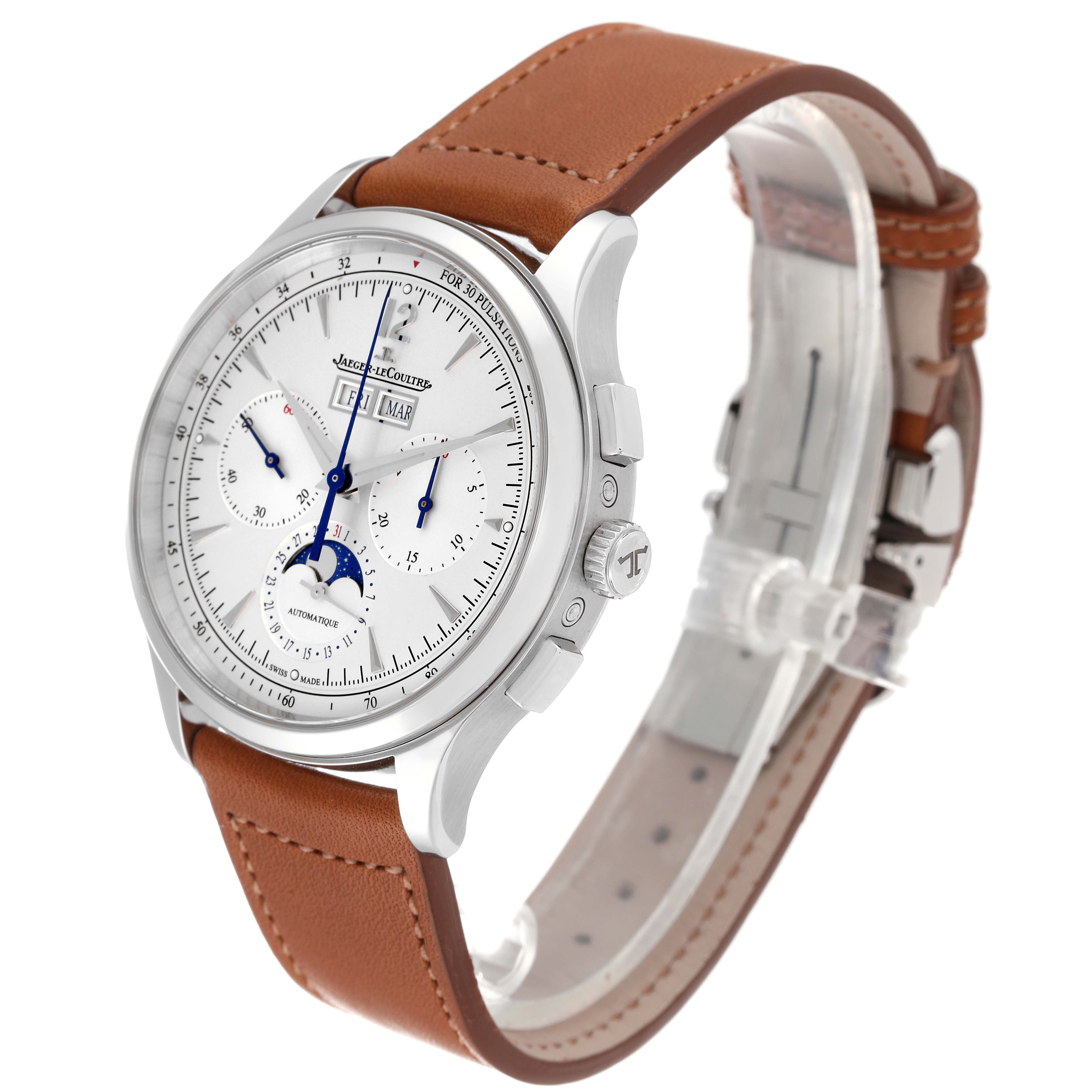 The image shows a Jaeger LeCoultre Master Q4138420 Men's Stainless Steel Silver Dial Q4138420 Men's Stainless Steel Silver Dial model watch at an angled side view, highlighting its dial, bezel, crown, and leather strap.