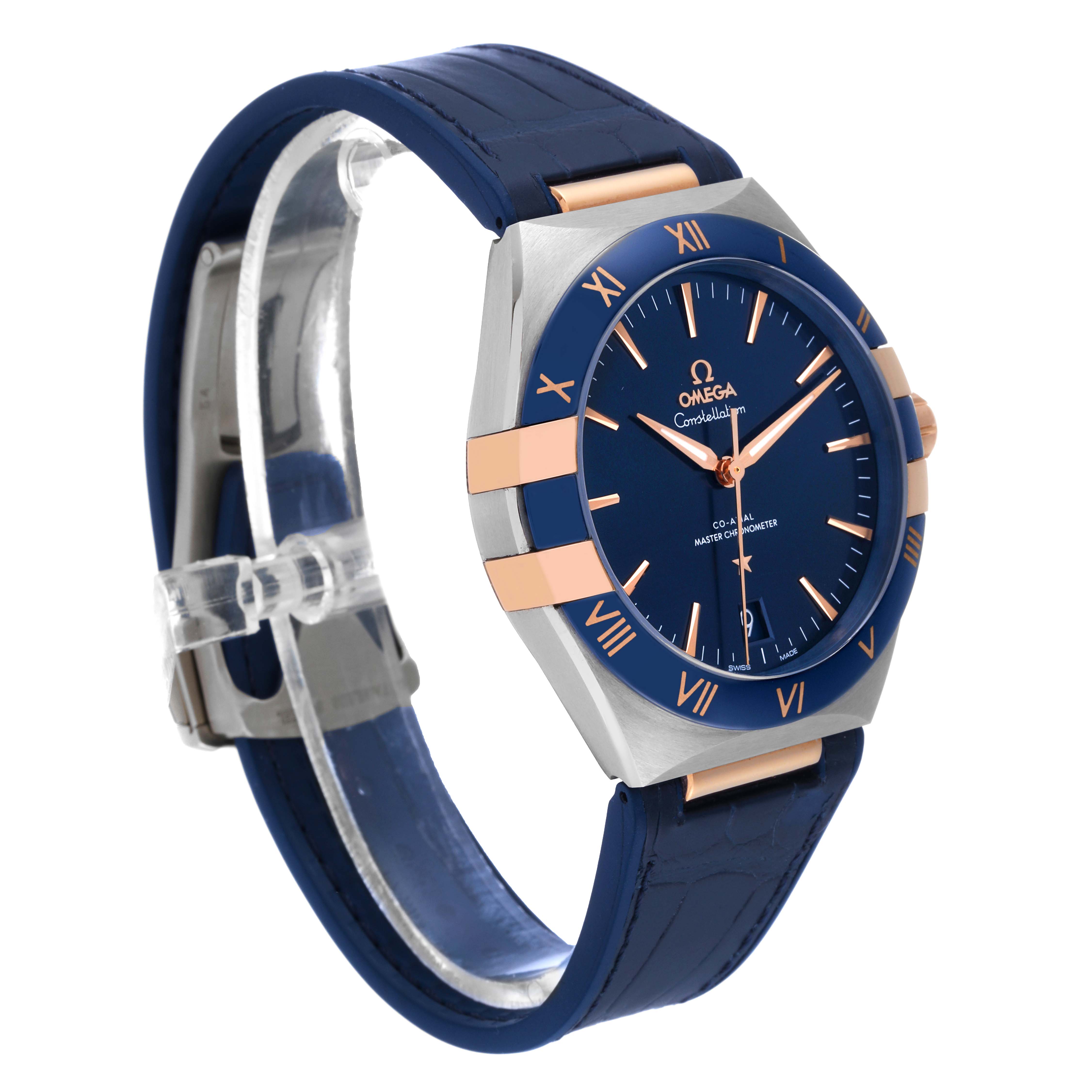The image shows the front and side of a blue and gold Omega Constellation 131.23.41.21.03.001 Men's Steel and Gold (two tone) Blue Dial 131.23.41.21.03.001 Men's Steel and Gold (two tone) Blue Dial watch, featuring its strap and clasp.