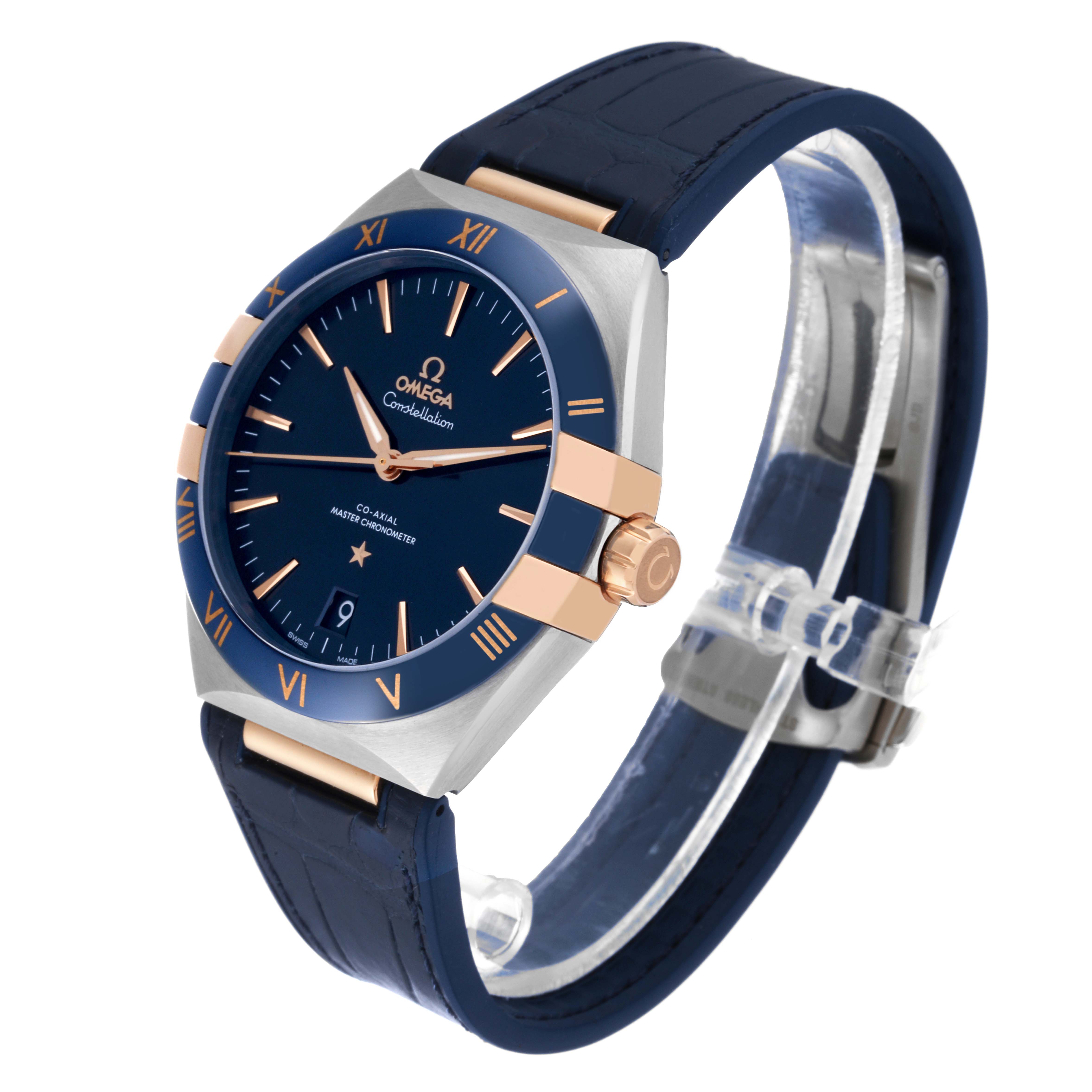 This image shows an Omega Constellation 131.23.41.21.03.001 Men's Steel and Gold (two tone) Blue Dial 131.23.41.21.03.001 Men's Steel and Gold (two tone) Blue Dial watch at a three-quarter angle, highlighting the dial, bezel, crown, and strap.