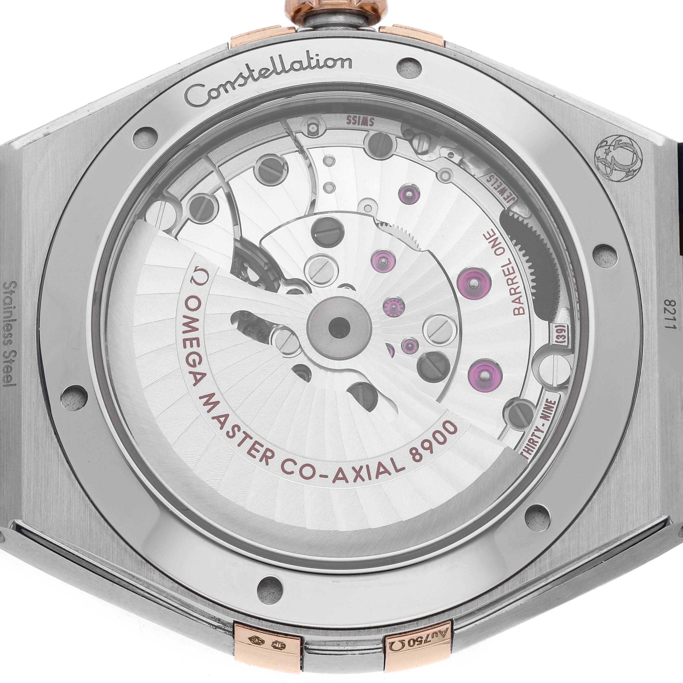 The image shows the back view of an Omega Constellation 131.23.41.21.03.001 Men's Steel and Gold (two tone) Blue Dial 131.23.41.21.03.001 Men's Steel and Gold (two tone) Blue Dial watch, displaying the Master Co-Axial 8900 movement.