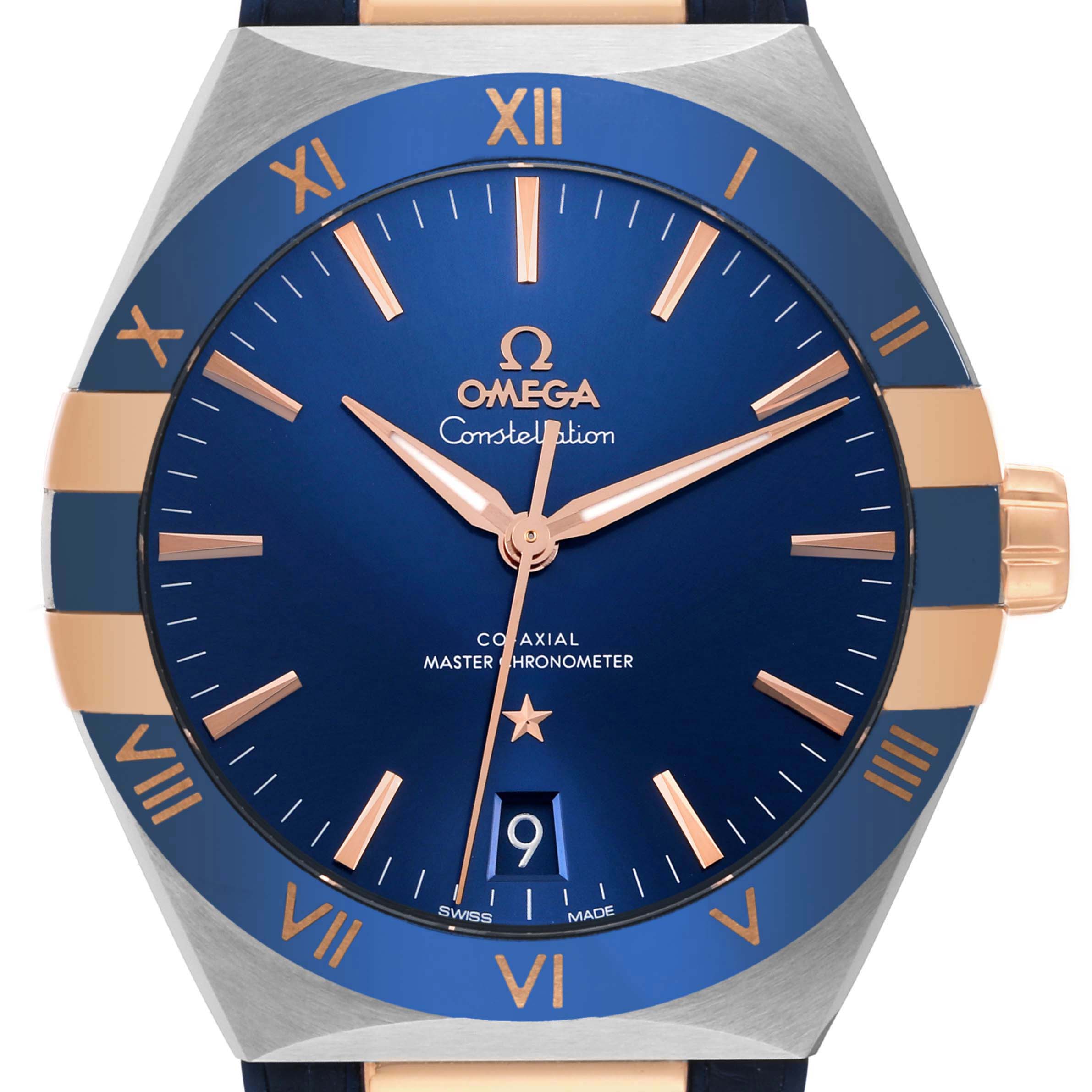 This image shows a close-up of the Omega Constellation 131.23.41.21.03.001 Men's Steel and Gold (two tone) Blue Dial 131.23.41.21.03.001 Men's Steel and Gold (two tone) Blue Dial watch face and bezel from a front view angle.