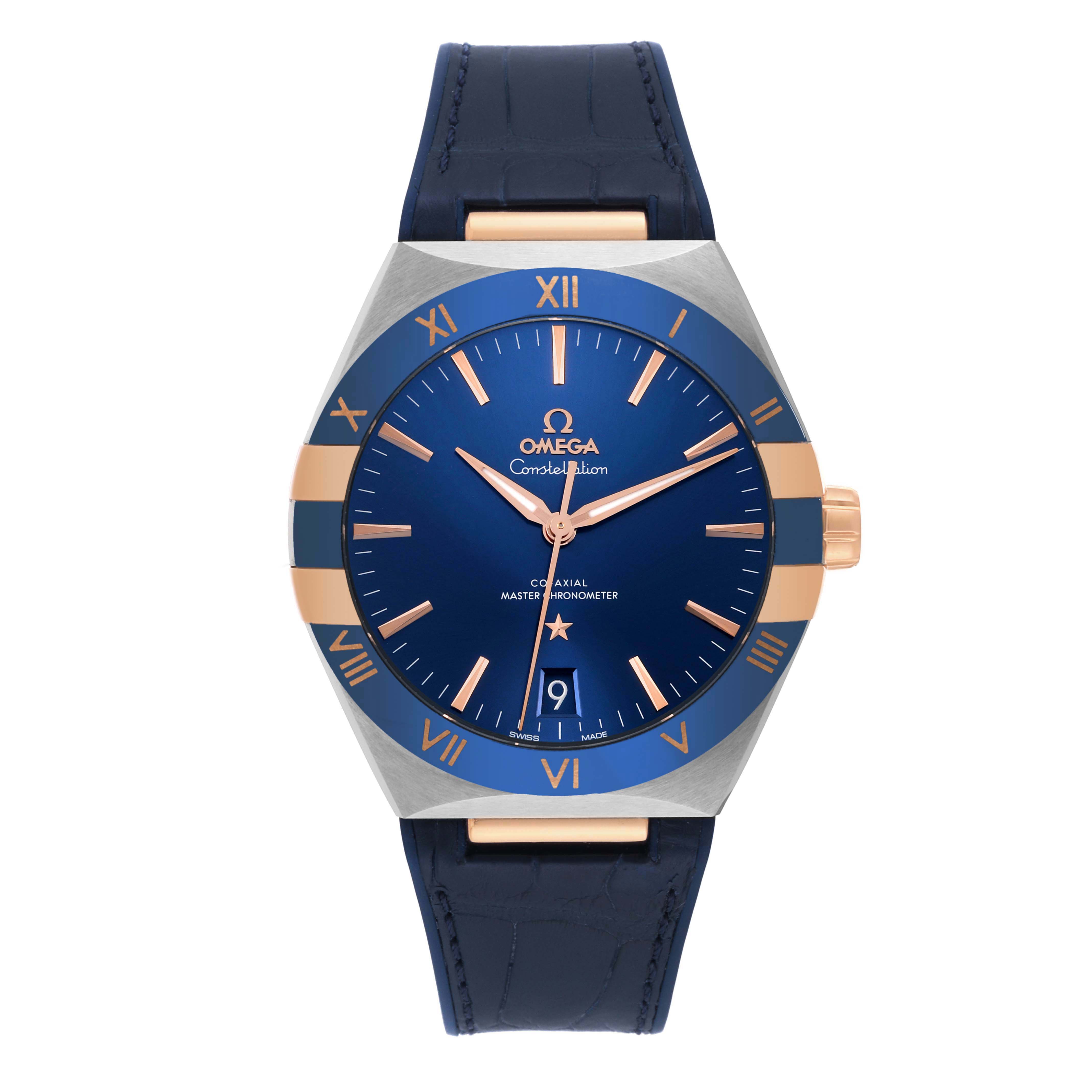 This is a front view of an Omega Constellation 131.23.41.21.03.001 Men's Steel and Gold (two tone) Blue Dial 131.23.41.21.03.001 Men's Steel and Gold (two tone) Blue Dial watch, showcasing the dial, bezel, crown, and strap.