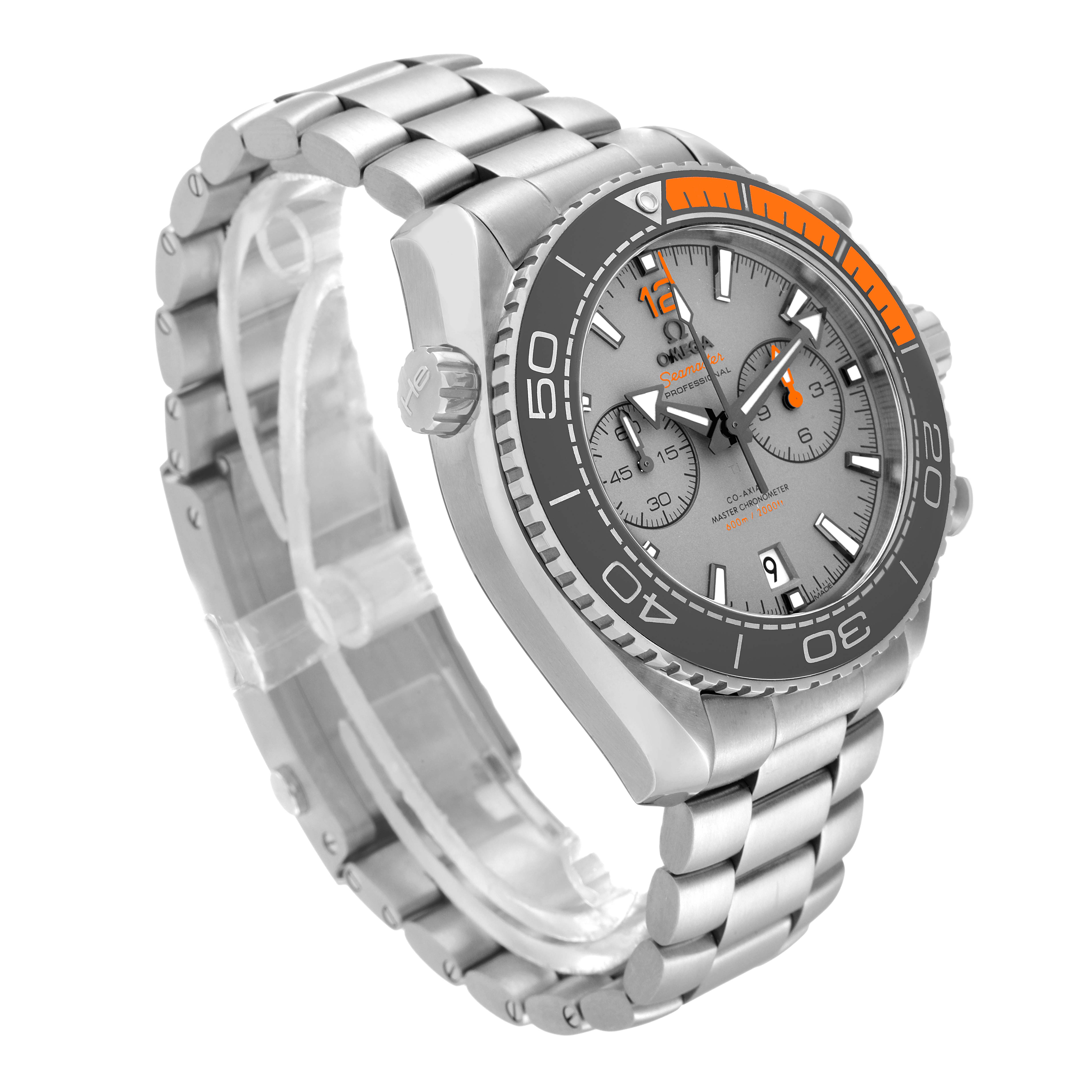 The image shows an angled view of the Omega Planet Ocean 215.90.46.51.99.001 Men's Titanium Grey Dial 215.90.46.51.99.001 Men's Titanium Grey Dial watch, highlighting the face, bezel, crown, and metal bracelet.