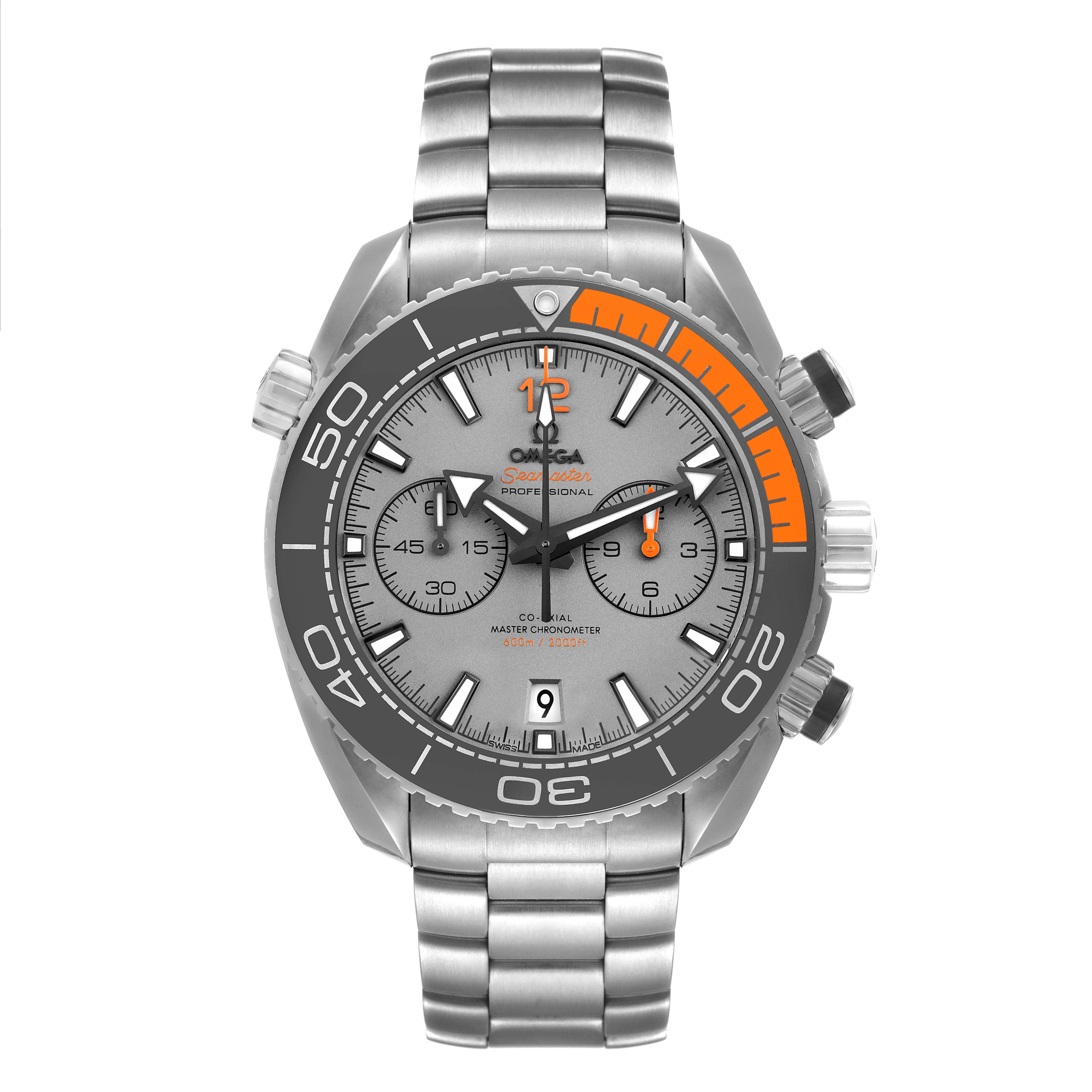 The image shows a front view of the Omega Planet Ocean 215.90.46.51.99.001 Men's Titanium Grey Dial 215.90.46.51.99.001 Men's Titanium Grey Dial watch, displaying its dial, bezel, and stainless steel bracelet.