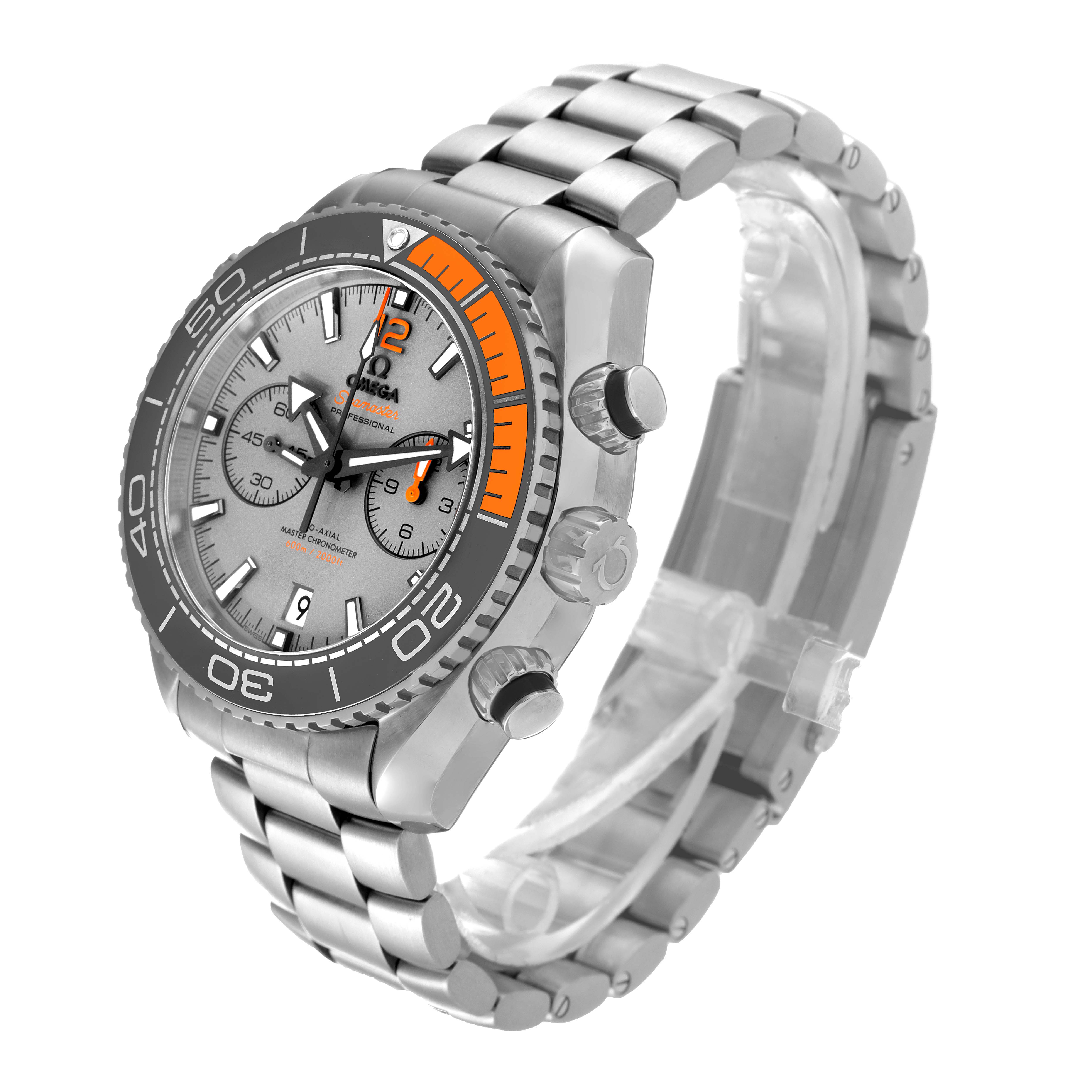 The Omega Planet Ocean 215.90.46.51.99.001 Men's Titanium Grey Dial 215.90.46.51.99.001 Men's Titanium Grey Dial watch is shown at a three-quarter angle, featuring the dial, bezel, and bracelet links.