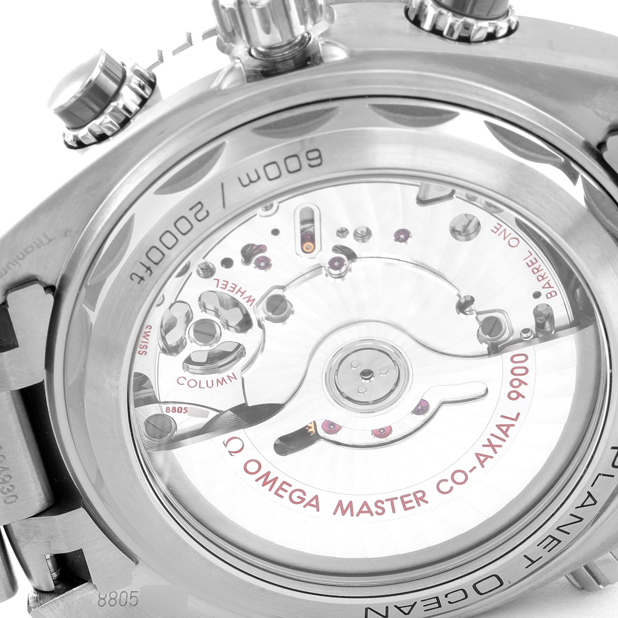 The image shows the back view of the Omega Planet Ocean 215.90.46.51.99.001 Men's Titanium Grey Dial 215.90.46.51.99.001 Men's Titanium Grey Dial watch, highlighting the automatic movement and intricate mechanics.