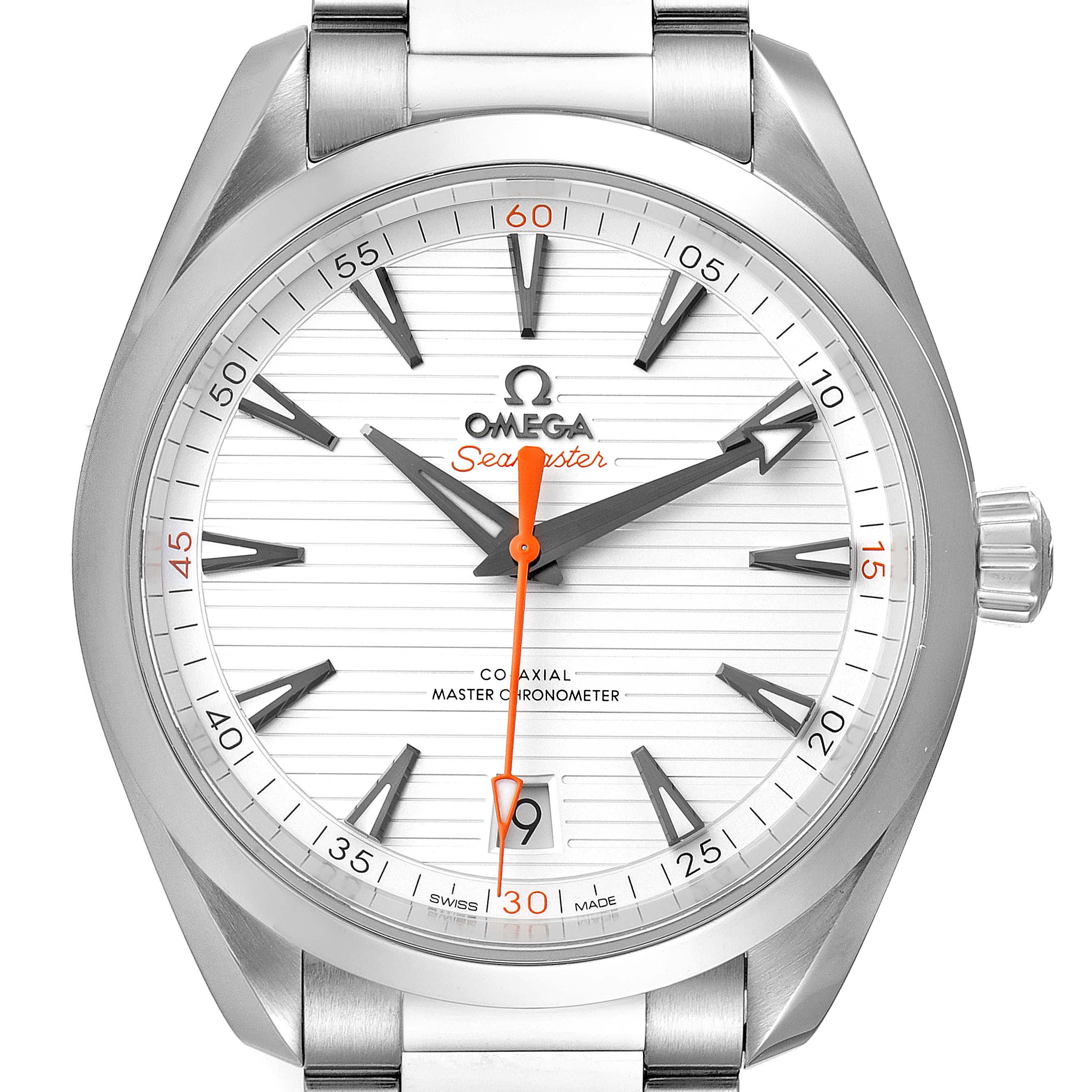 The image shows a front view of the Omega Aqua Terra 220.10.41.21.02.001 Men
s Stainless Steel Silver Dial 220.10.41.21.02.001 Men
s Stainless Steel Silver Dial watch, showcasing its face, hands, crown, and part of the bracelet.