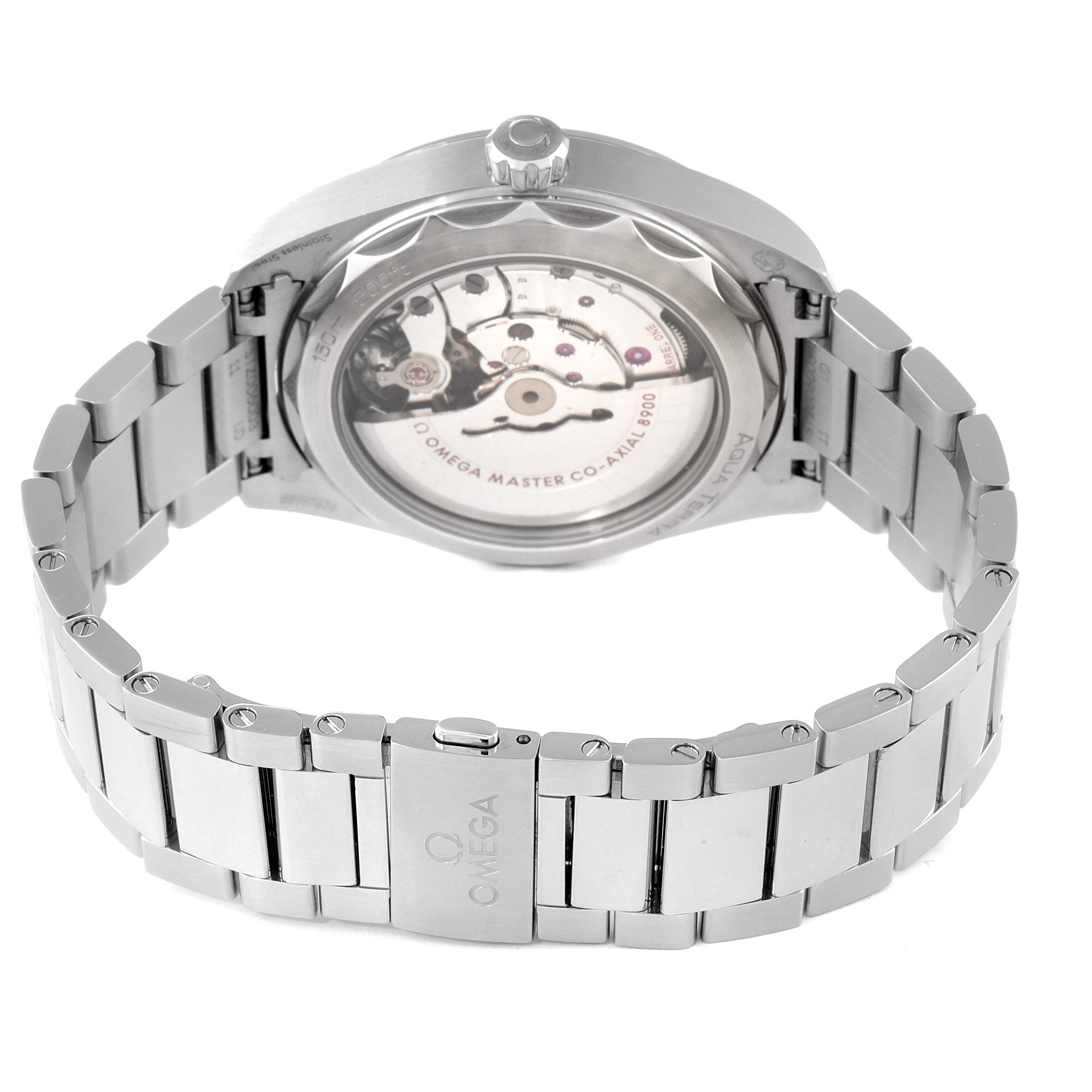 The image shows the Omega Aqua Terra 220.10.41.21.02.001 Men
s Stainless Steel Silver Dial 220.10.41.21.02.001 Men
s Stainless Steel Silver Dial watch from the rear, highlighting the open case back and metal bracelet.