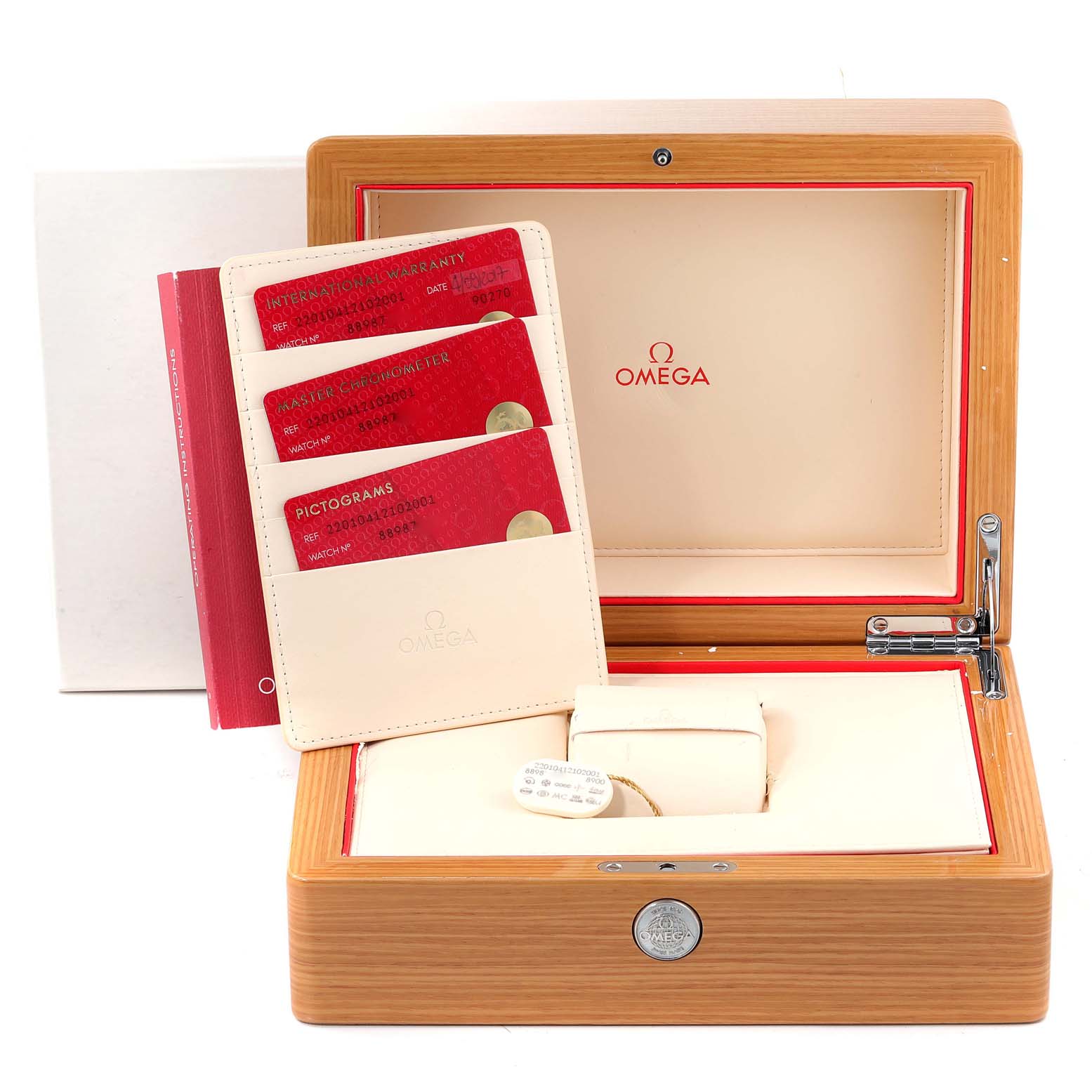 The image shows the open wooden box of the Omega Aqua Terra 220.10.41.21.02.001 Men
s Stainless Steel Silver Dial 220.10.41.21.02.001 Men
s Stainless Steel Silver Dial watch, revealing certificates and a watch holder inside.