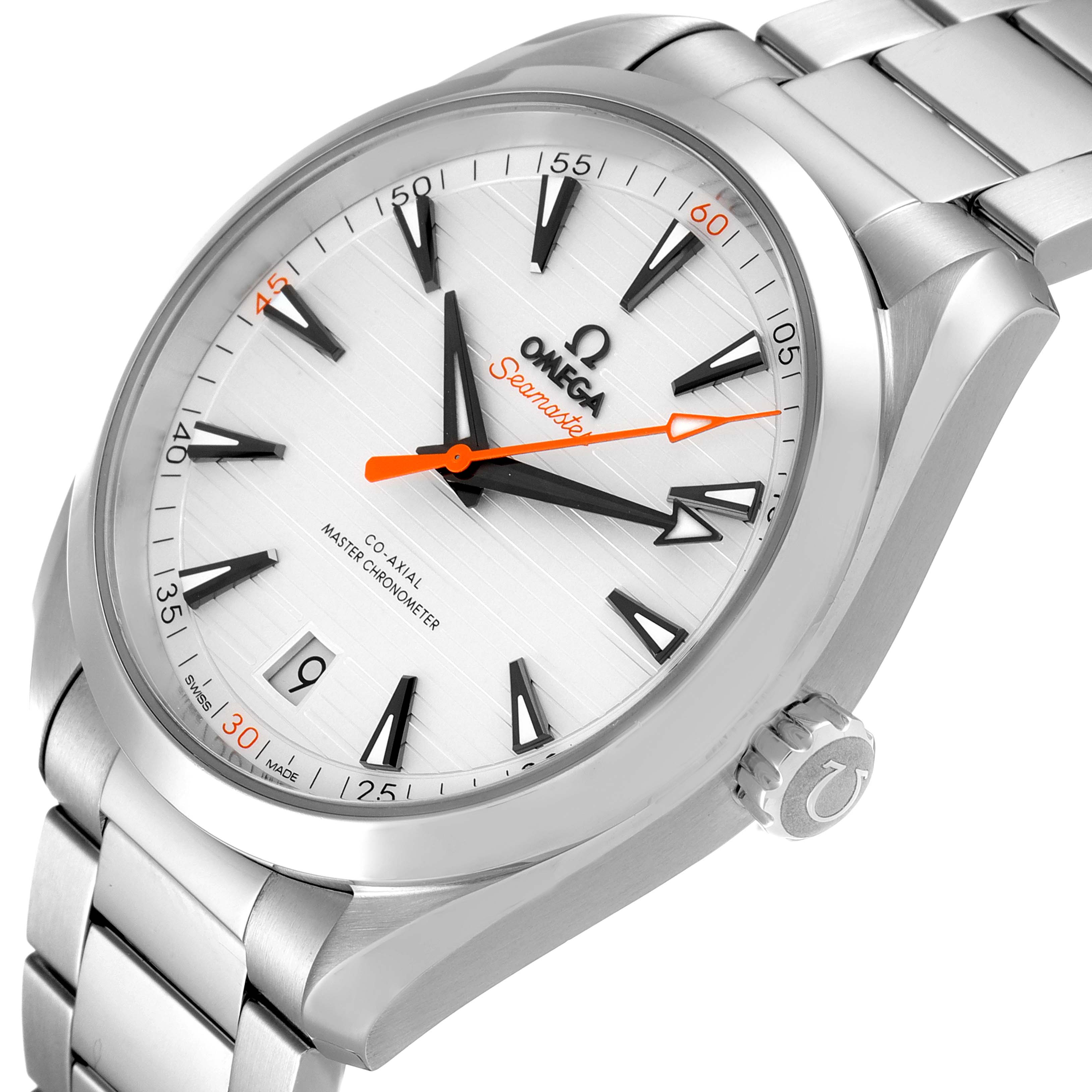 The image shows a close-up of the Omega Aqua Terra 220.10.41.21.02.001 Men
s Stainless Steel Silver Dial 220.10.41.21.02.001 Men
s Stainless Steel Silver Dial watch, highlighting its face, bezel, crown, and part of the bracelet.