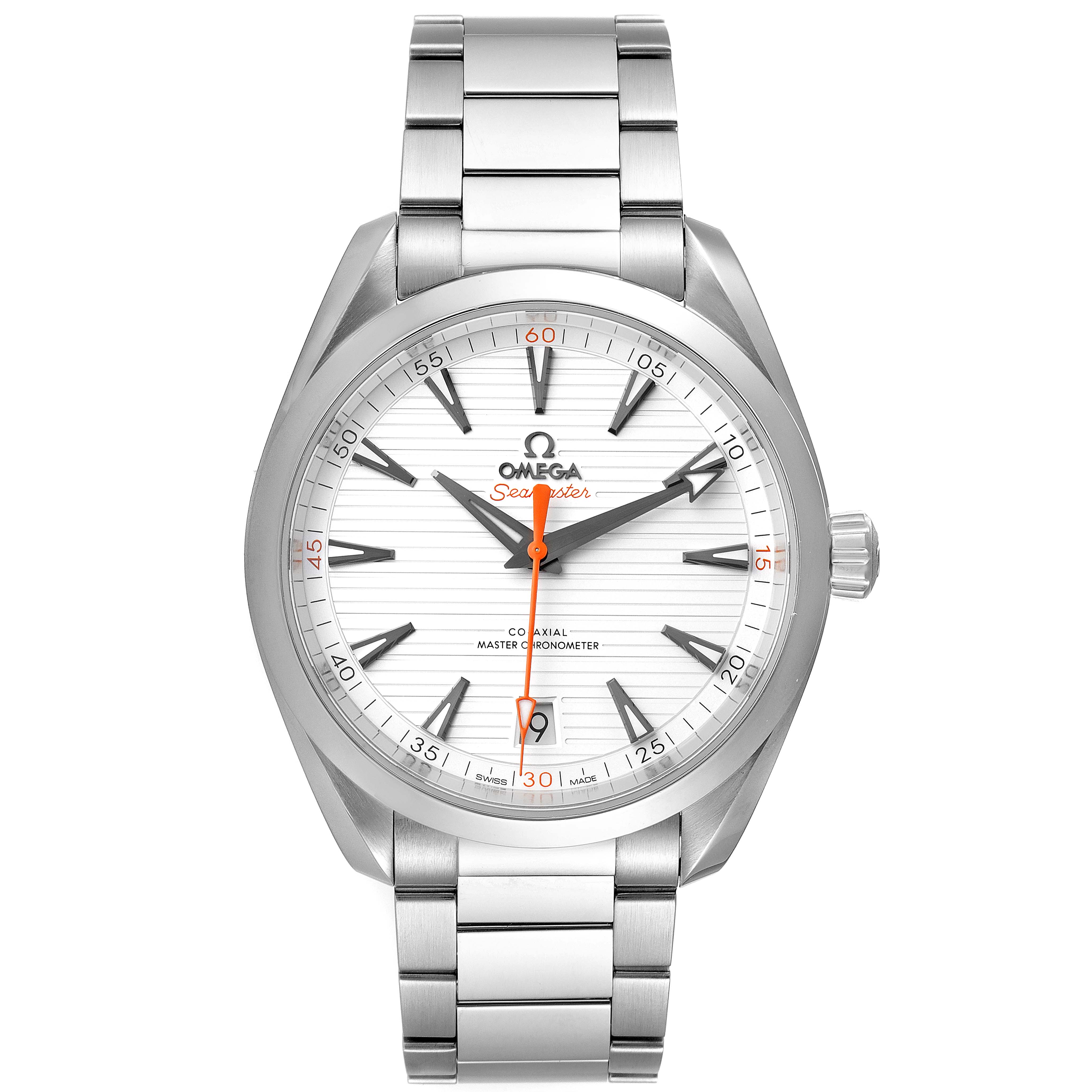 The image shows a front view of an Omega Aqua Terra 220.10.41.21.02.001 Men
s Stainless Steel Silver Dial 220.10.41.21.02.001 Men
s Stainless Steel Silver Dial watch, highlighting the dial, hands, hour markers, and stainless steel bracelet.