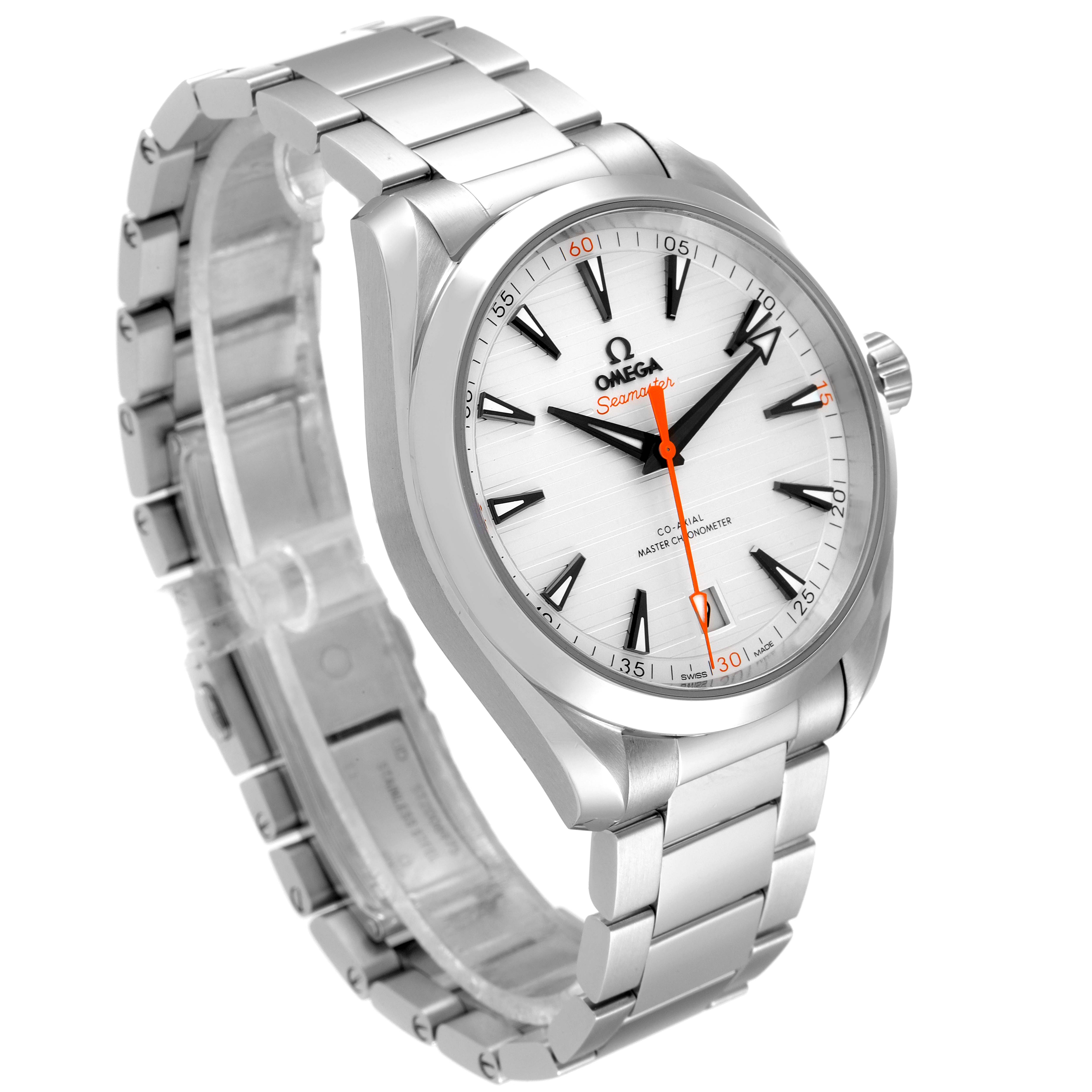 The Omega Aqua Terra 220.10.41.21.02.001 Men
s Stainless Steel Silver Dial 220.10.41.21.02.001 Men
s Stainless Steel Silver Dial watch is angled to show the face, bracelet, and side view of the case and crown.