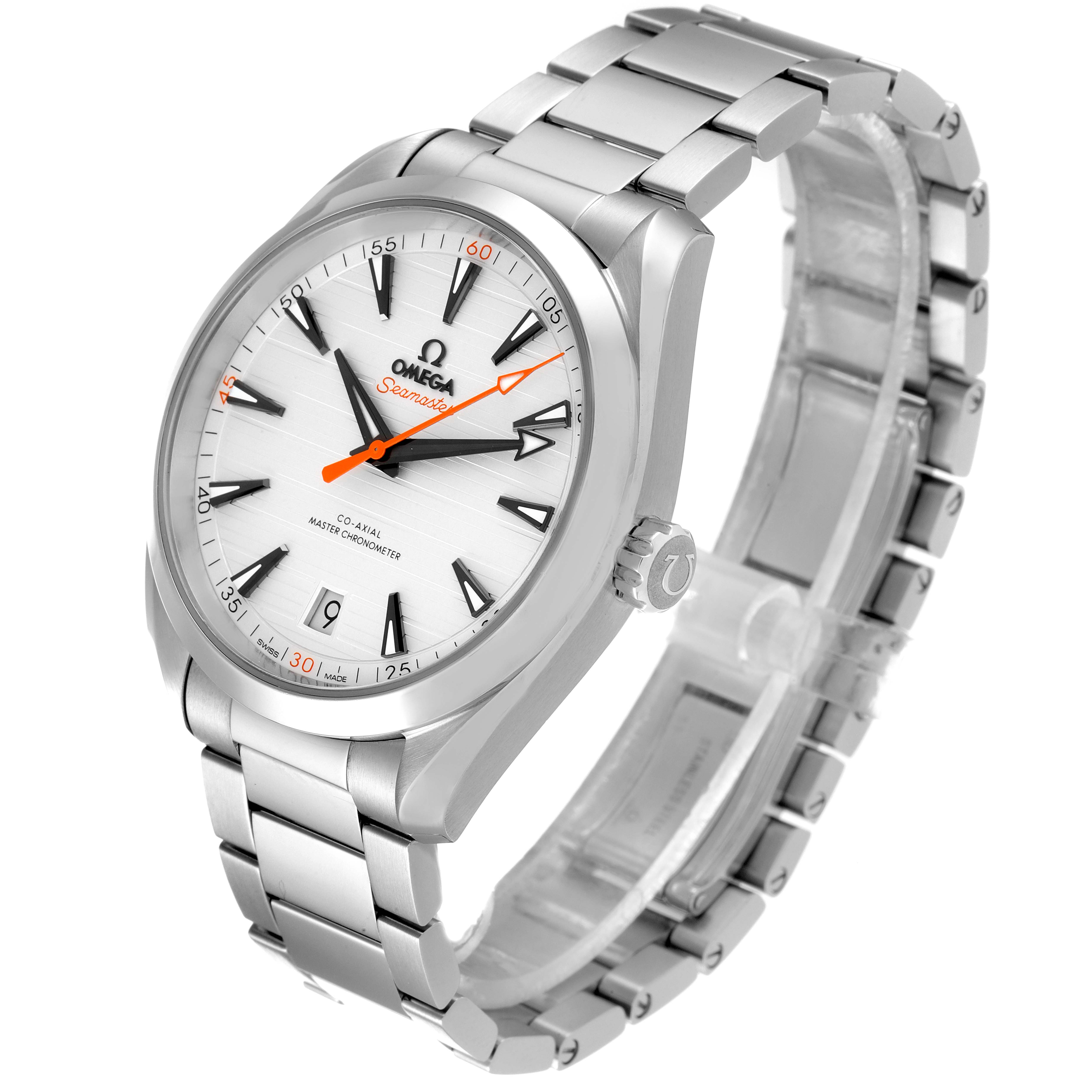 This image shows the Omega Aqua Terra 220.10.41.21.02.001 Men
s Stainless Steel Silver Dial 220.10.41.21.02.001 Men
s Stainless Steel Silver Dial watch from a three-quarter angle, highlighting the dial, bracelet, and crown.