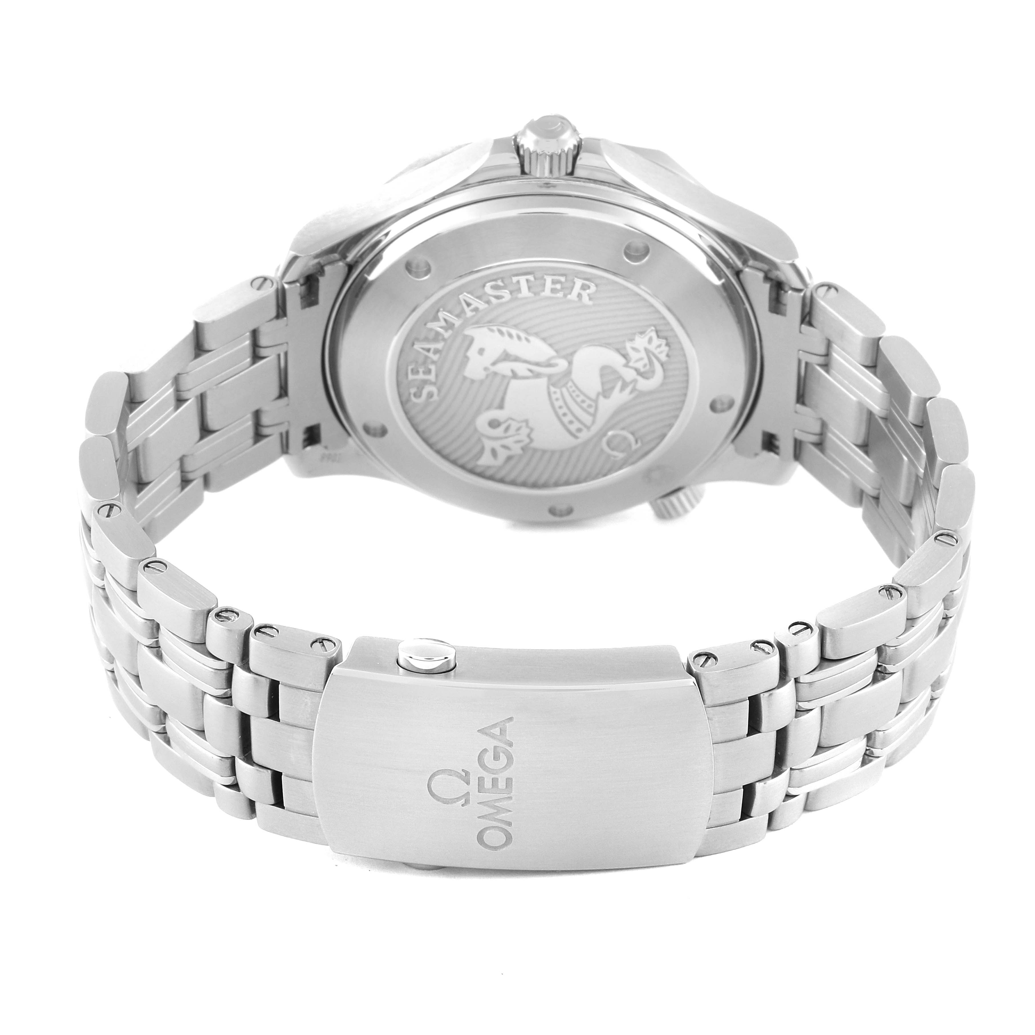 The image shows the back and clasp of an Omega Seamaster 212.30.41.20.01.003 Men's Stainless Steel Black Dial 212.30.41.20.01.003 Men's Stainless Steel Black Dial watch from a rear angle.