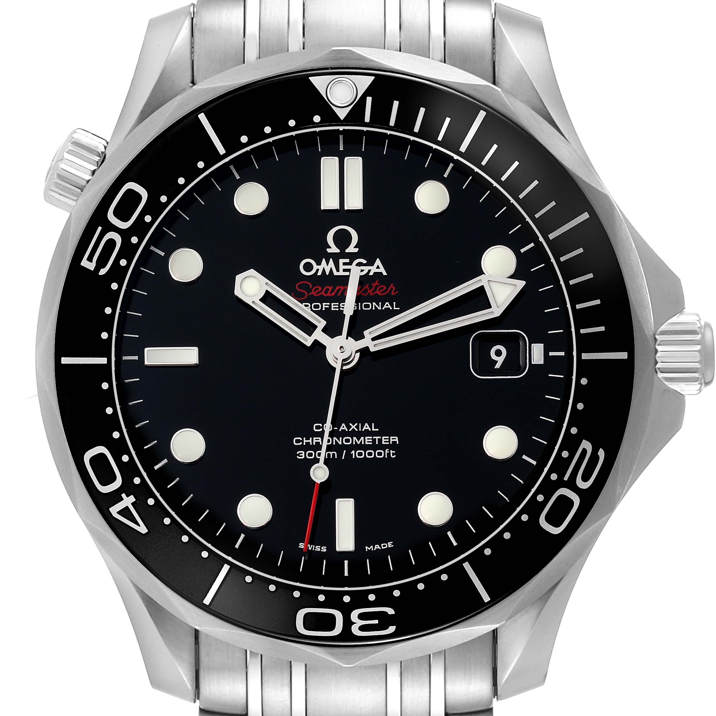 The image shows a front view of an Omega Seamaster 212.30.41.20.01.003 Men's Stainless Steel Black Dial 212.30.41.20.01.003 Men's Stainless Steel Black Dial, displaying its bezel, dial, hands, and part of the bracelet.