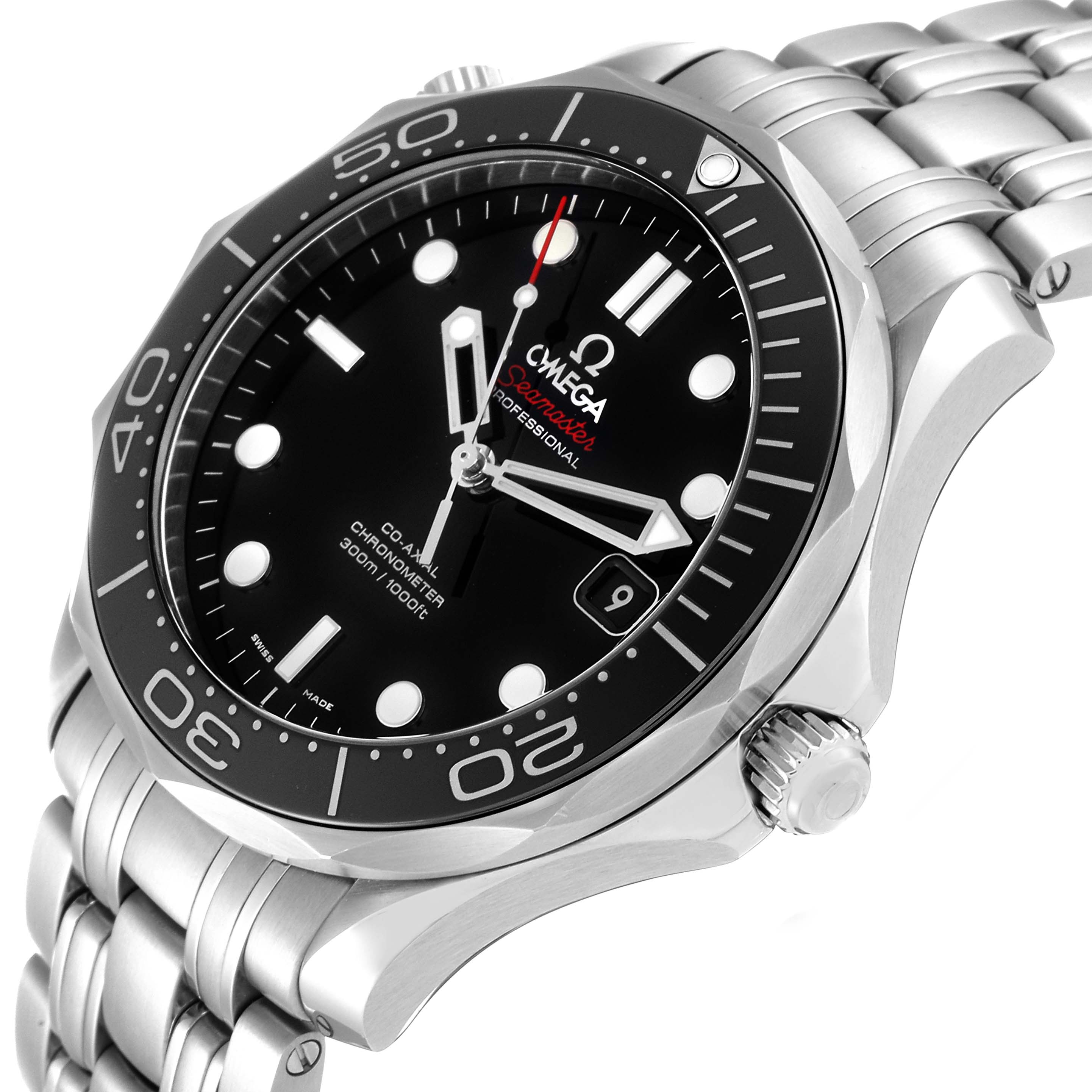 The image shows a side angle of the Omega Seamaster 212.30.41.20.01.003 Men's Stainless Steel Black Dial 212.30.41.20.01.003 Men's Stainless Steel Black Dial watch, highlighting its face, bezel, crown, and part of the bracelet.