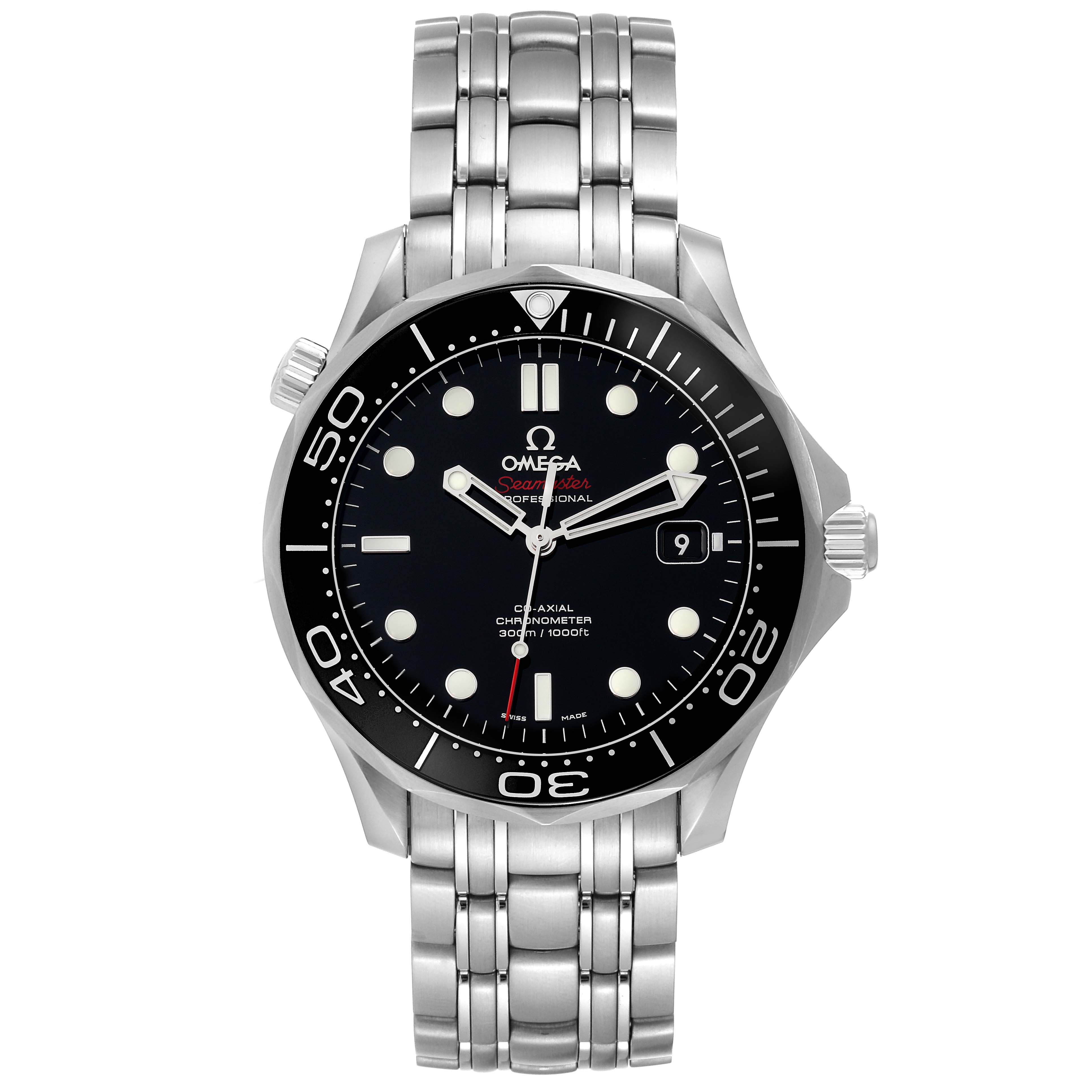 The image shows a front view of an Omega Seamaster 212.30.41.20.01.003 Men's Stainless Steel Black Dial 212.30.41.20.01.003 Men's Stainless Steel Black Dial watch, highlighting its black dial, stainless steel bracelet, and bezel.