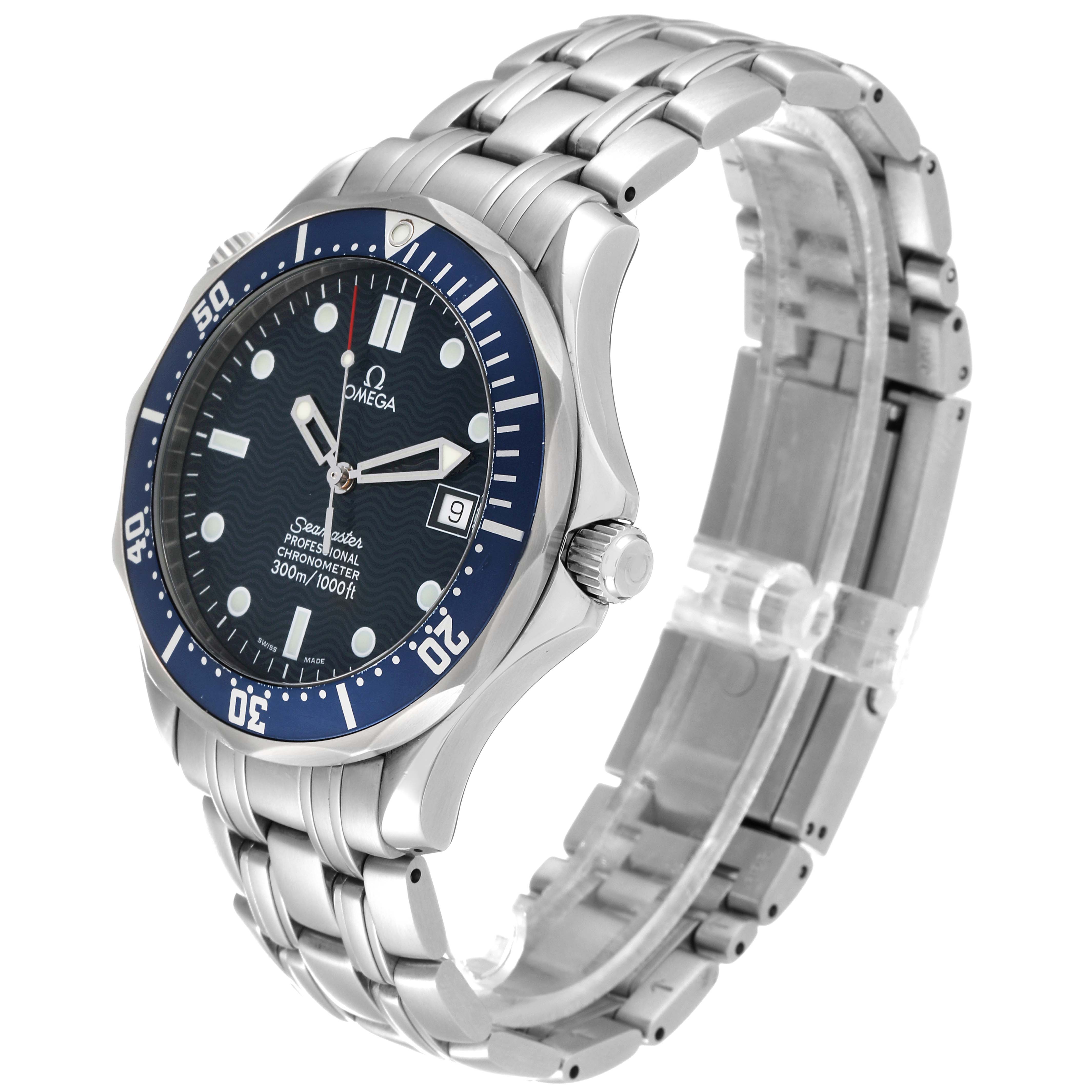 The image shows an angled side view of the Omega Seamaster 2531.80.00 Men
s Stainless Steel Blue Dial 2531.80.00 Men
s Stainless Steel Blue Dial watch, highlighting the face, bezel, crown, and part of the bracelet.
