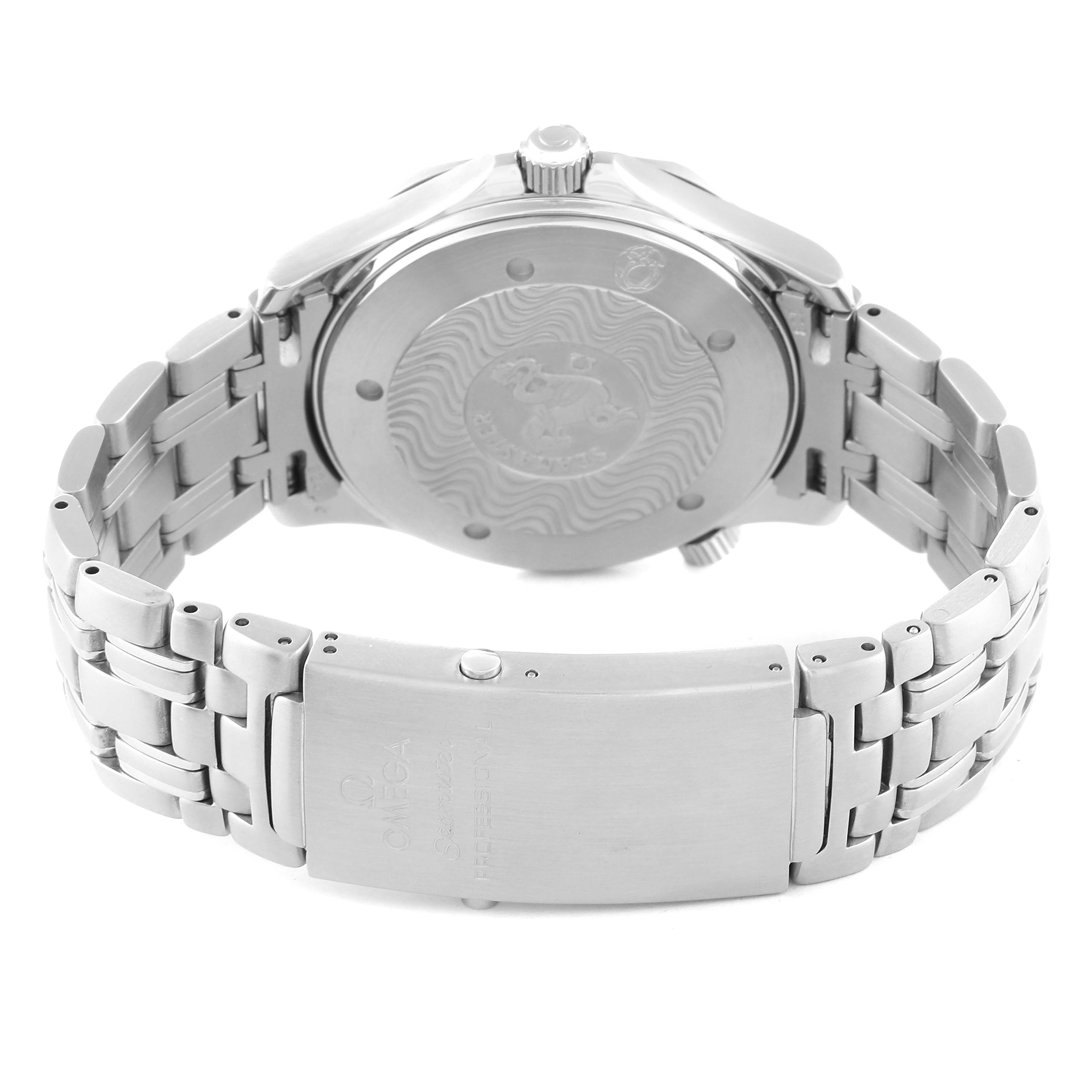 The image displays the back case and bracelet clasp of the Omega Seamaster 2531.80.00 Men
s Stainless Steel Blue Dial 2531.80.00 Men
s Stainless Steel Blue Dial watch from a rear angle.