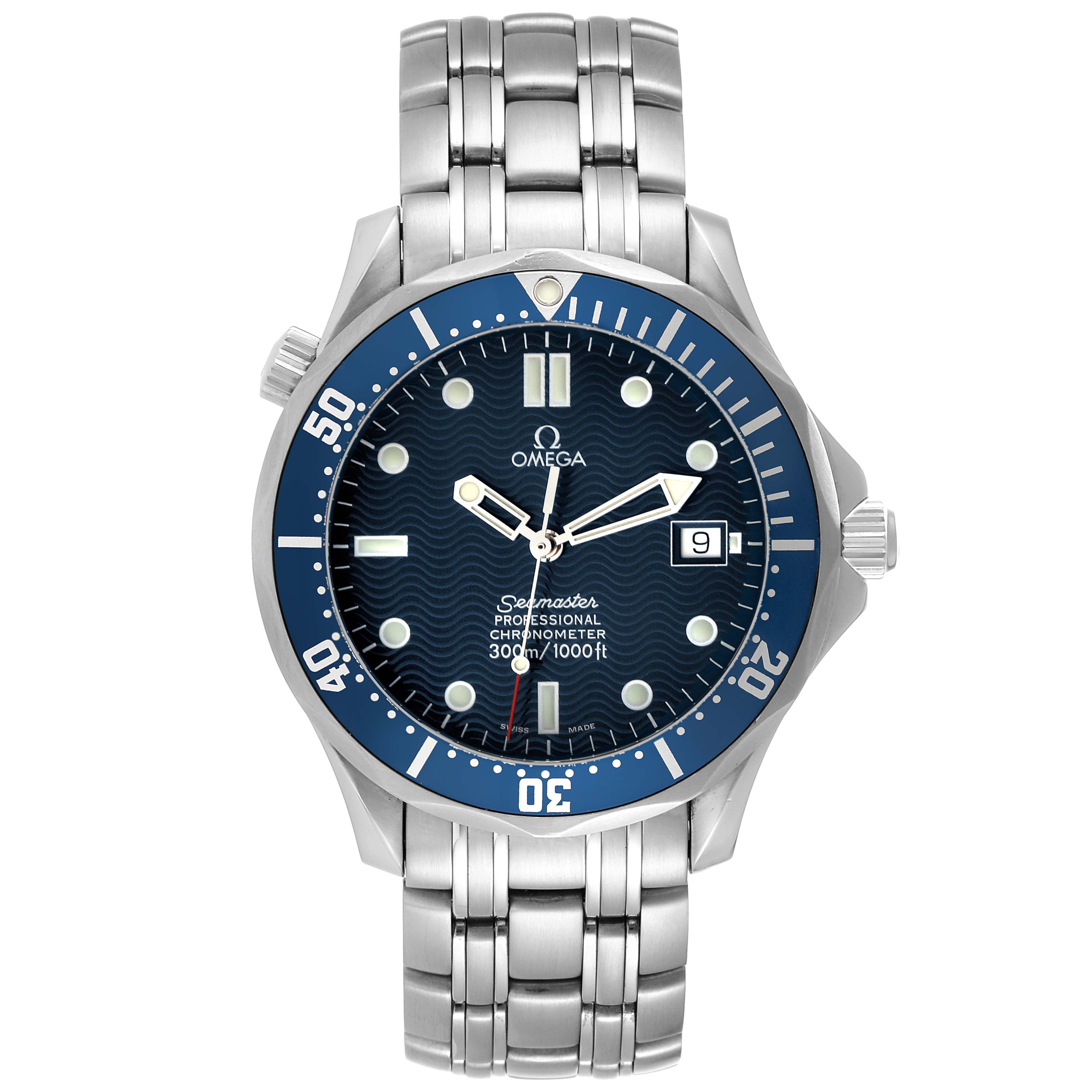 The image shows the front view of the Omega Seamaster 2531.80.00 Men
s Stainless Steel Blue Dial 2531.80.00 Men
s Stainless Steel Blue Dial watch, highlighting the dial, bezel, crown, and stainless steel bracelet.
