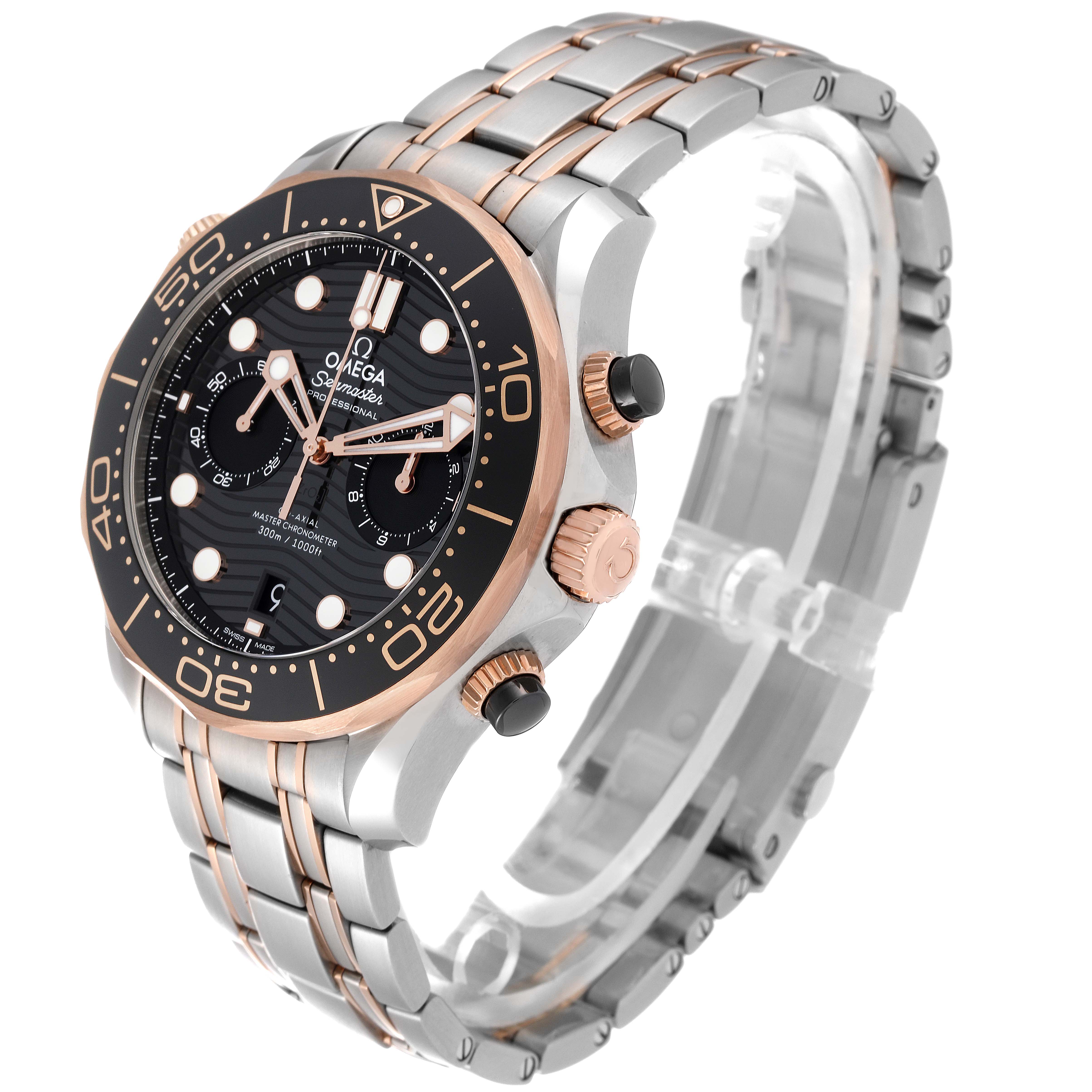 The Omega Seamaster 210.20.44.51.01.001 Men's Steel and Gold (two tone) Black Dial 210.20.44.51.01.001 Men's Steel and Gold (two tone) Black Dial watch is displayed at a three-quarter angle, showing the face, bezel, crown, and bracelet.
