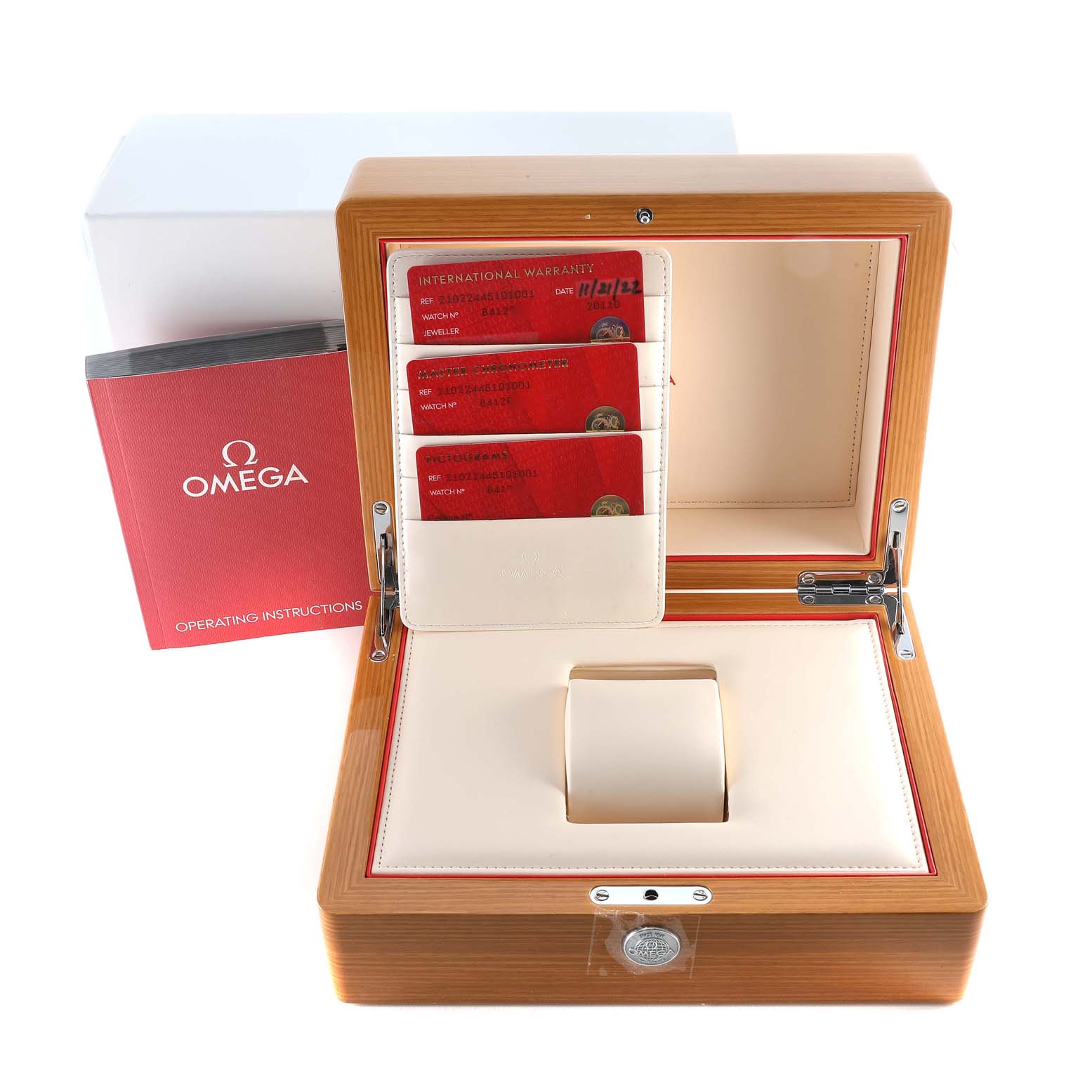 The image shows an Omega Seamaster 210.20.44.51.01.001 Men's Steel and Gold (two tone) Black Dial 210.20.44.51.01.001 Men's Steel and Gold (two tone) Black Dial watch box with warranty cards and an operating instructions booklet.