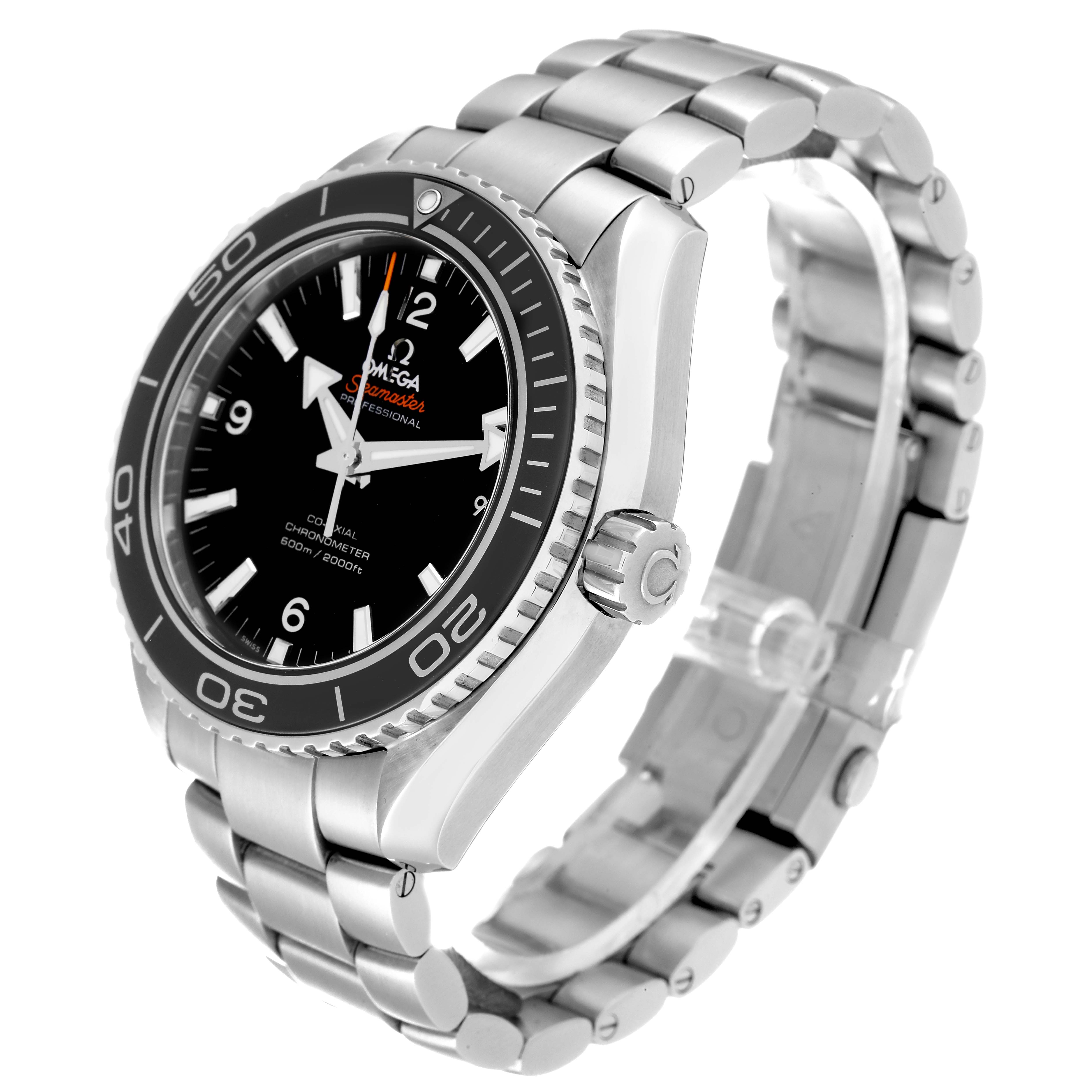The image shows an Omega Planet Ocean 232.30.46.21.01.001 Men
s Stainless Steel Black Dial 232.30.46.21.01.001 Men
s Stainless Steel Black Dial watch from a side angle, highlighting the stainless steel bracelet and bezel.
