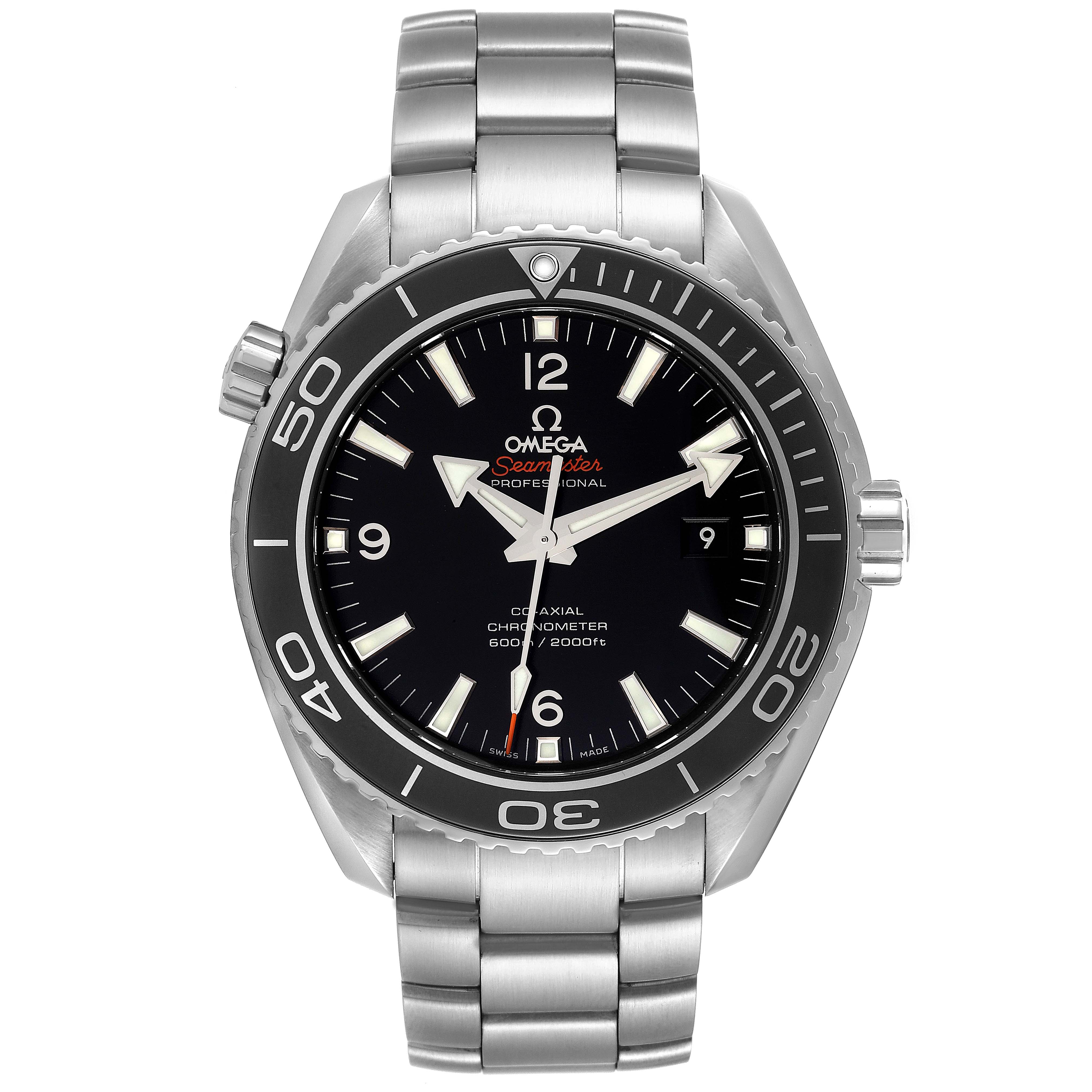 The image displays a front view of the Omega Planet Ocean 232.30.46.21.01.001 Men
s Stainless Steel Black Dial 232.30.46.21.01.001 Men
s Stainless Steel Black Dial watch, showing its face, bezel, and stainless steel bracelet.